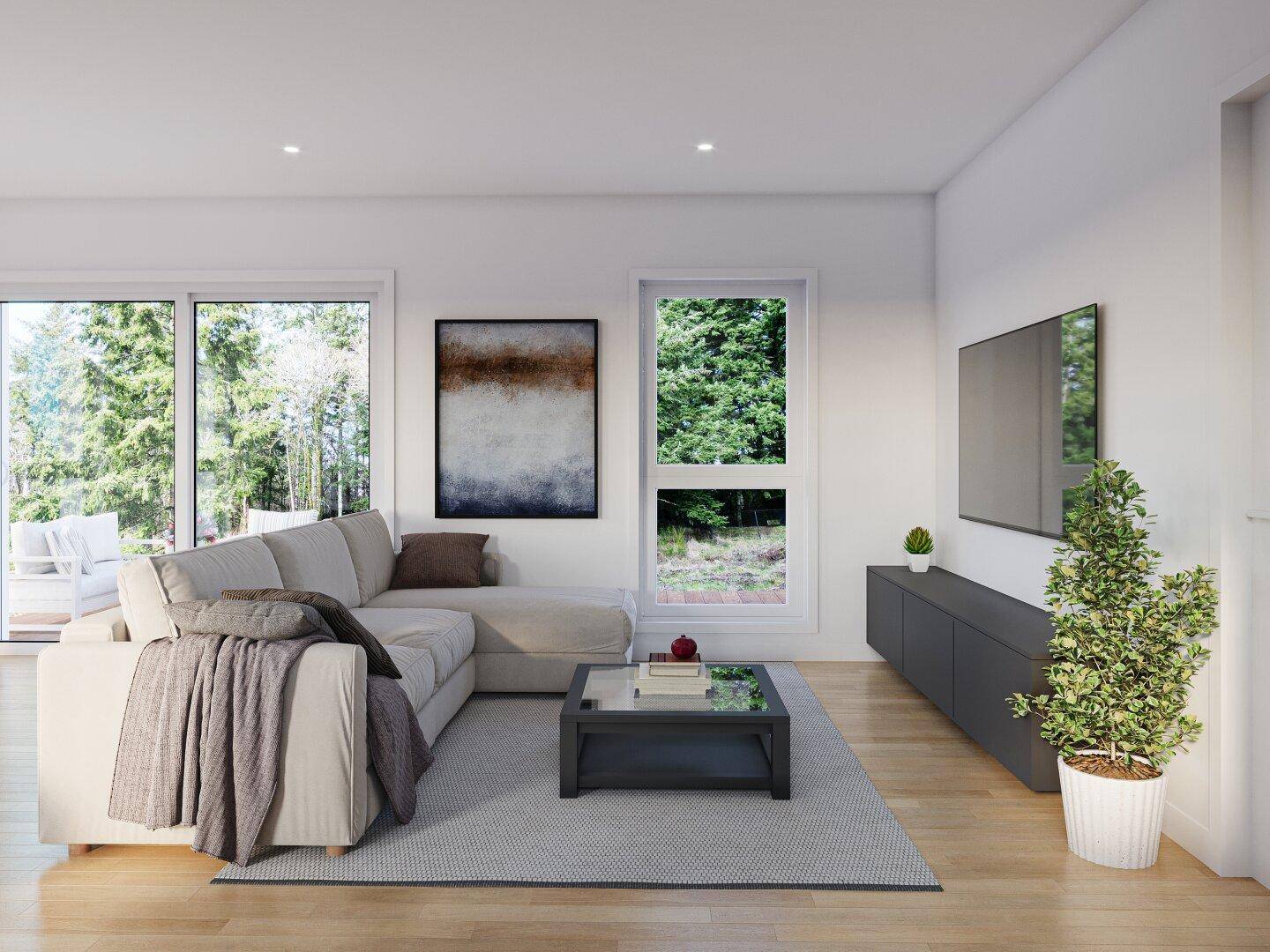 Gemütliches Wohnzimmer mit hellem Sofa, Teppich und Zugang zu einer Terrasse.