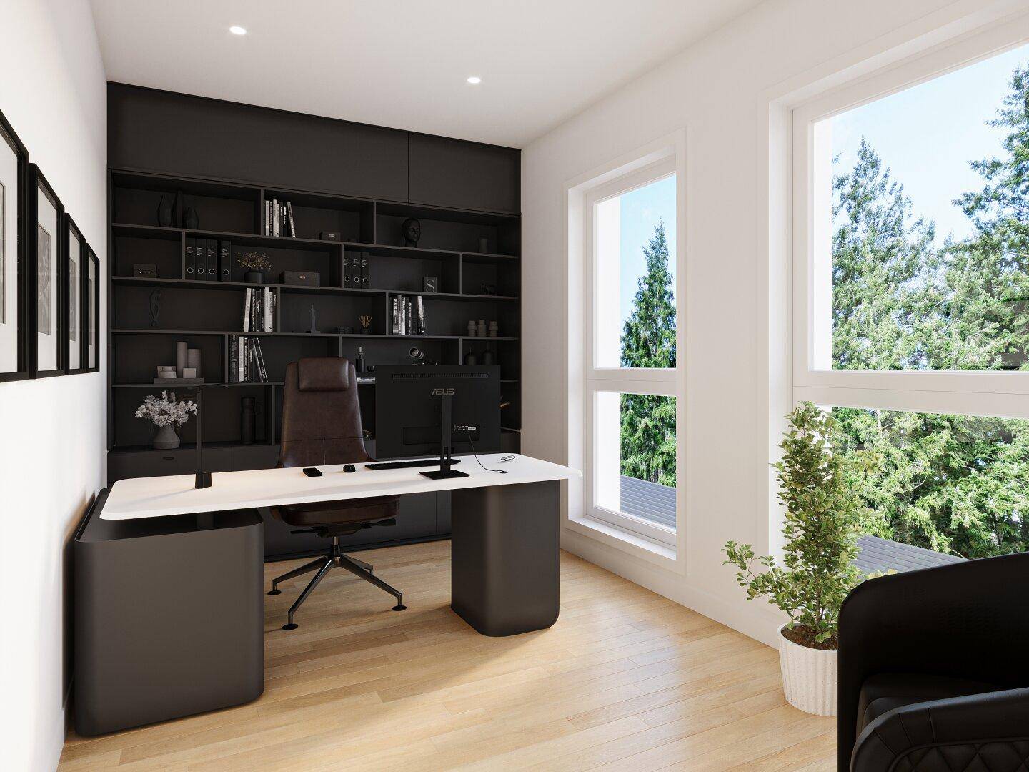 Modernes Arbeitszimmer mit großem Schreibtisch, schwarzem Regal und viel Tageslicht.