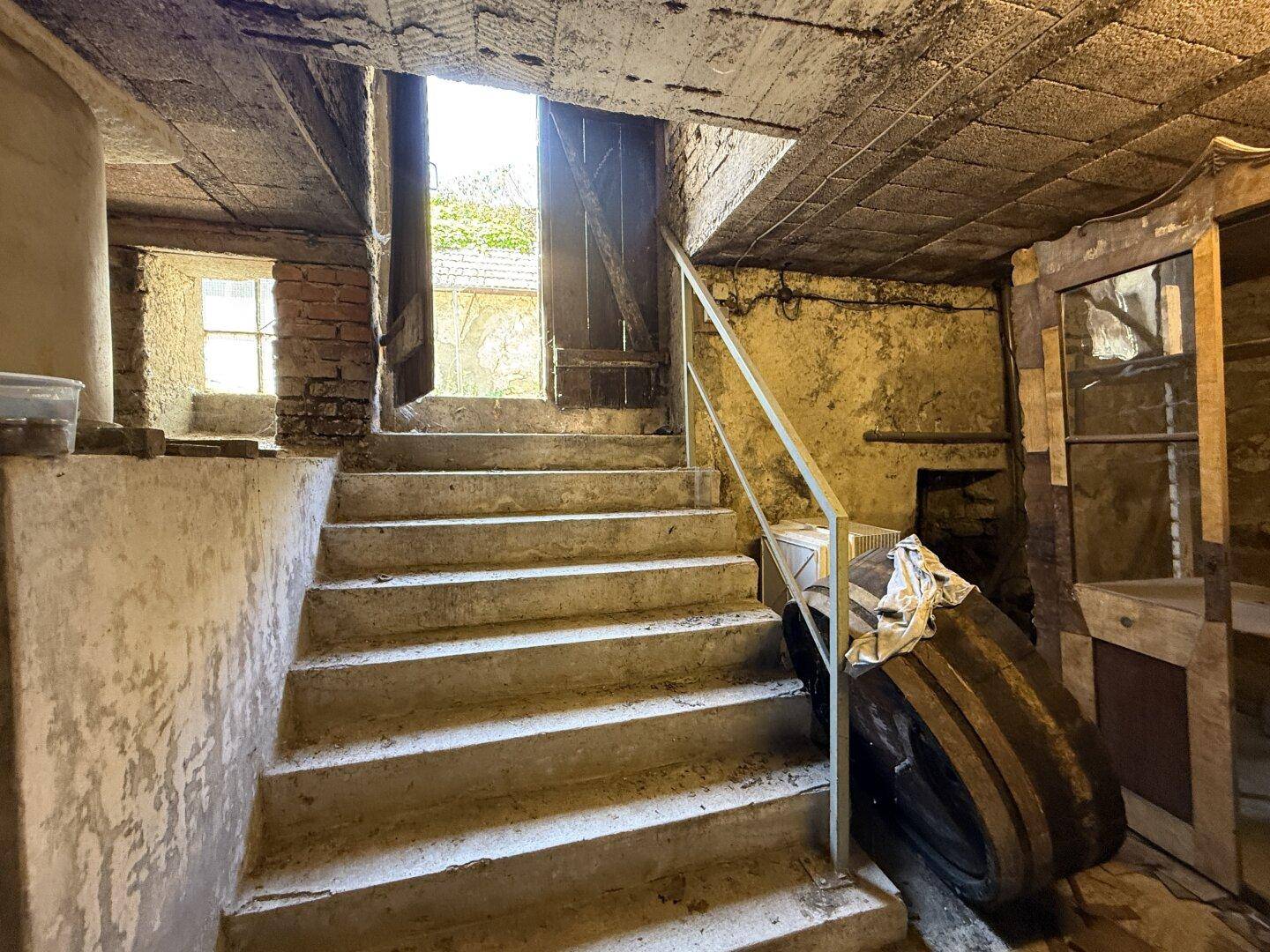 Alter Kellerbereich mit Steintreppe und Zugang zum Außenbereich.