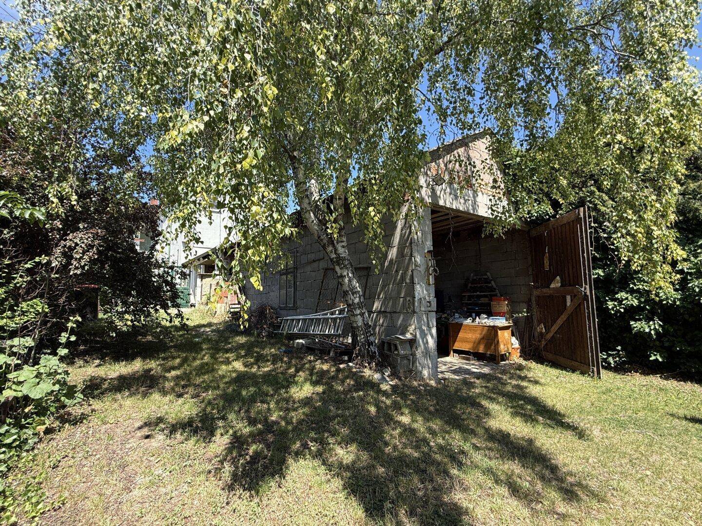 Gartenbereich mit einem Schuppen, umgeben von Bäumen und einer großen Rasenfläche.