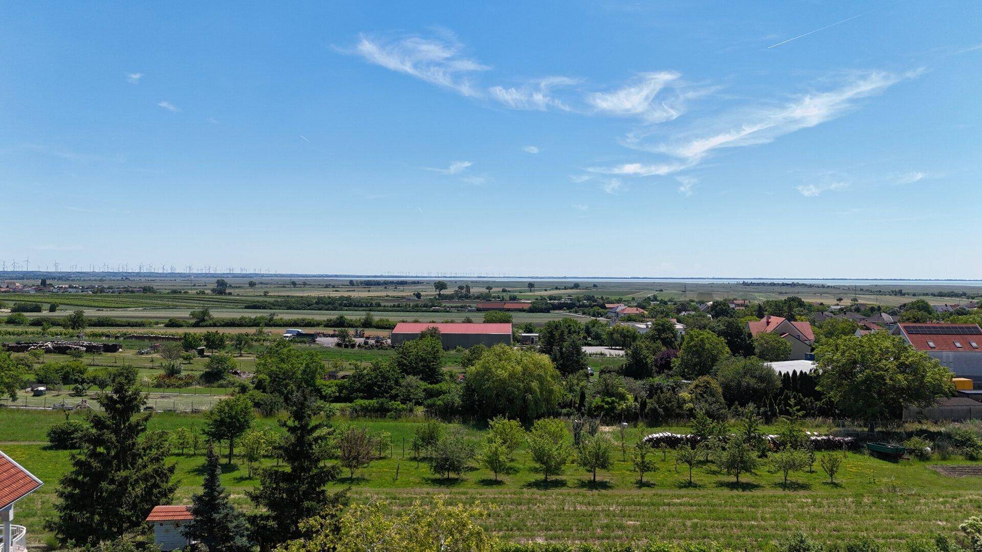Weitläufiger Panoramablick über Felder und ländliche Umgebung mit Windrädern am Horizont.