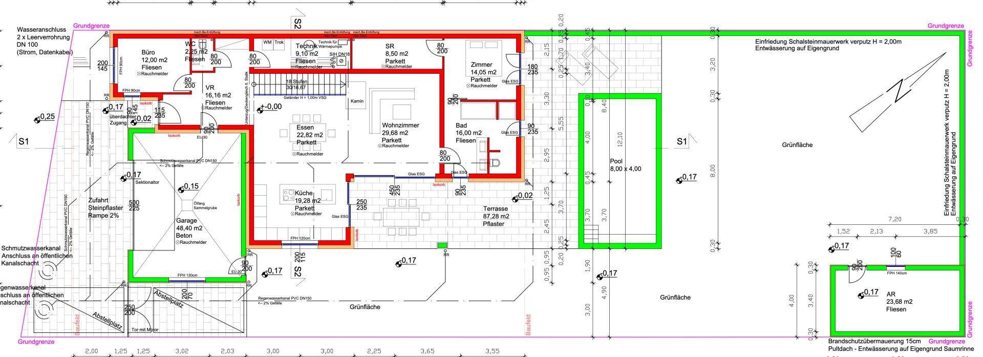 Detaillierter Grundriss des Erdgeschosses mit Wohnbereich, Küche und Pool.