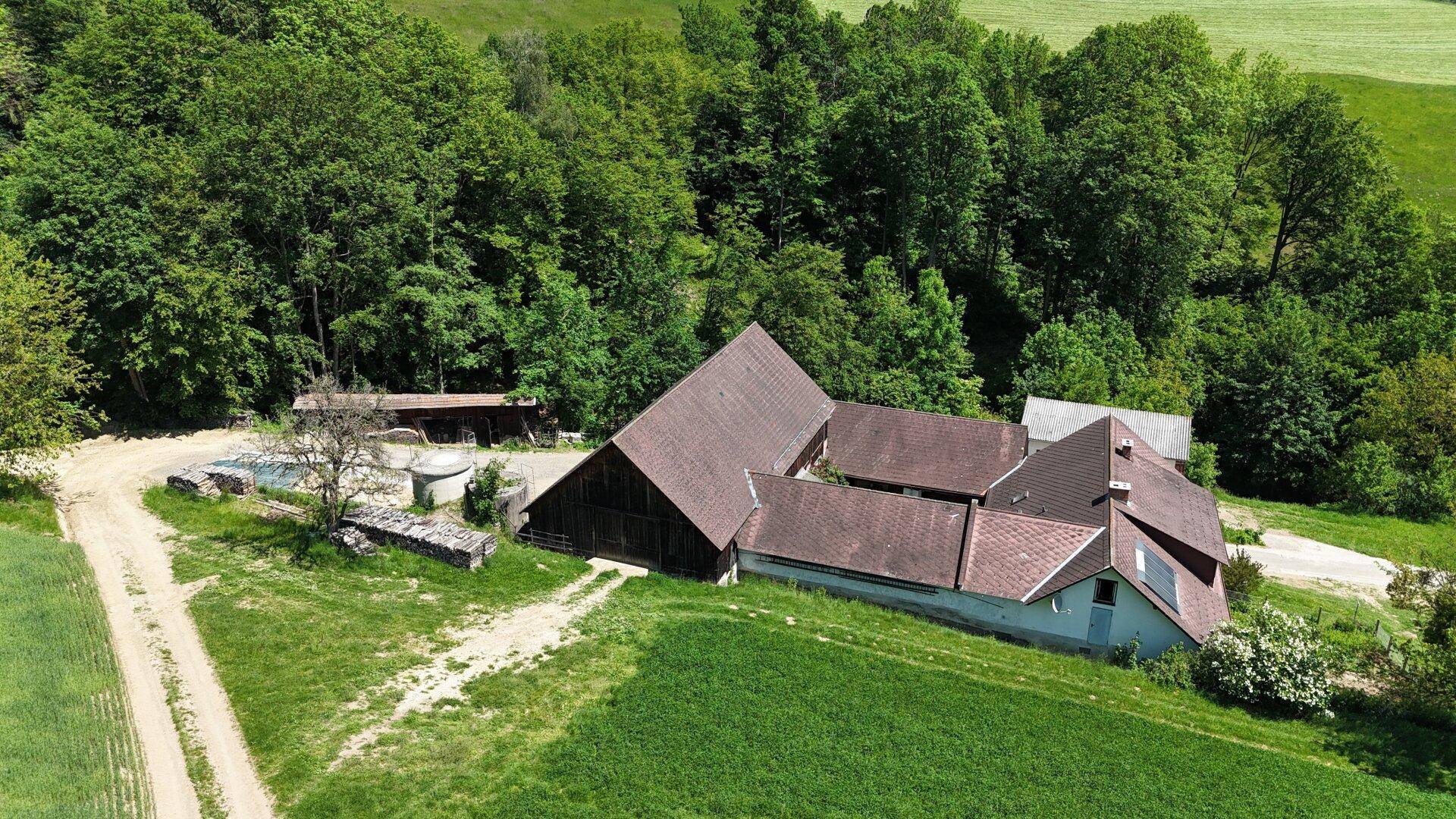Überblick über das ländliche Anwesen mit seinen Gebäuden und der weiten Naturlandschaft.