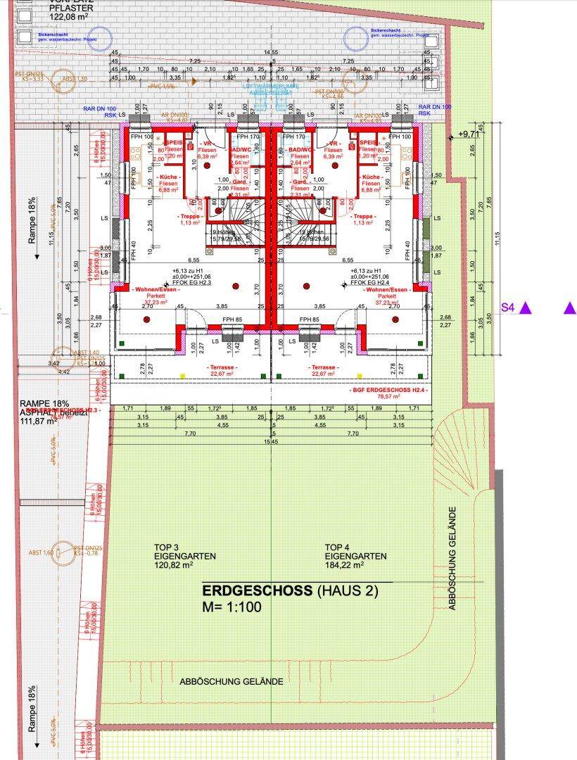 Grundriss des Erdgeschosses mit offenem Wohnbereich, Terrasse und Garten für zwei Einheiten.