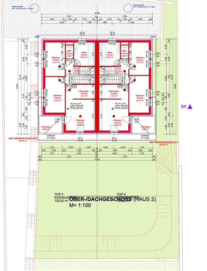 Grundriss des Ober-/Dachgeschosses mit Schlafzimmern, Bädern und Balkonen.