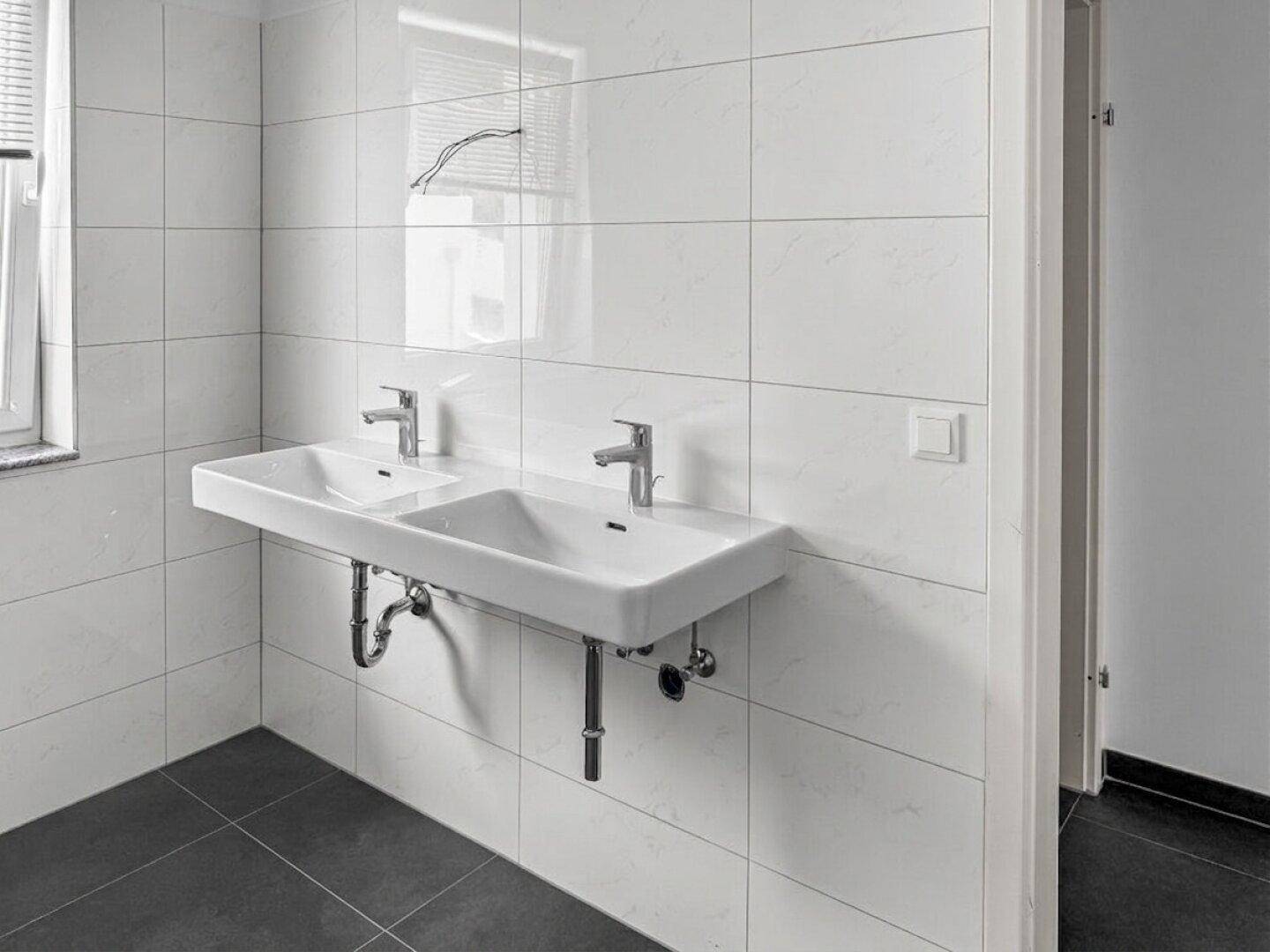 Helles Badezimmer mit Doppelwaschbecken, Fenster und weißen Wandfliesen.
