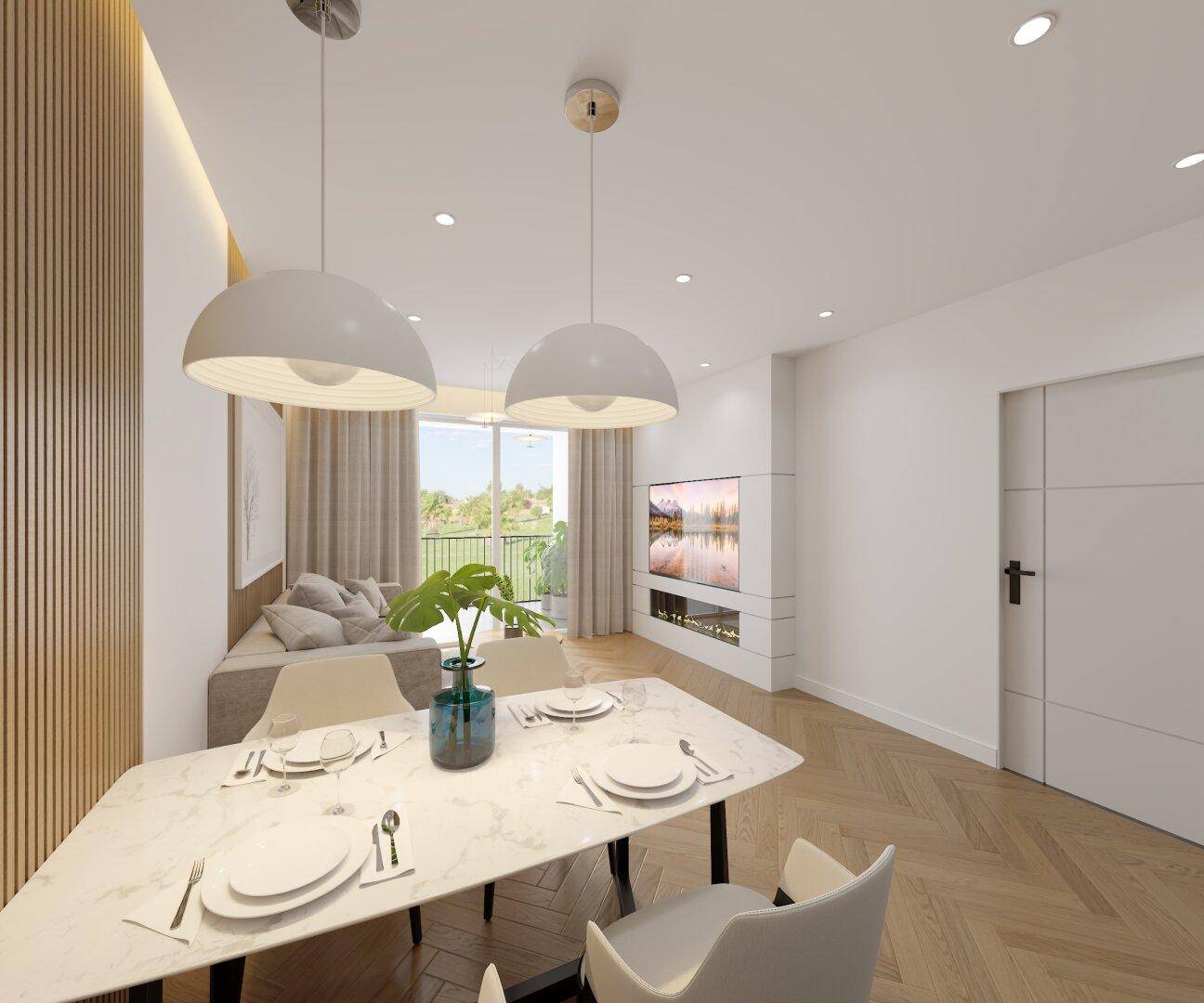 Eleganter Essbereich mit modernem Tisch, integriertem Kamin und Zugang zu einem Balkon mit Grünblick.