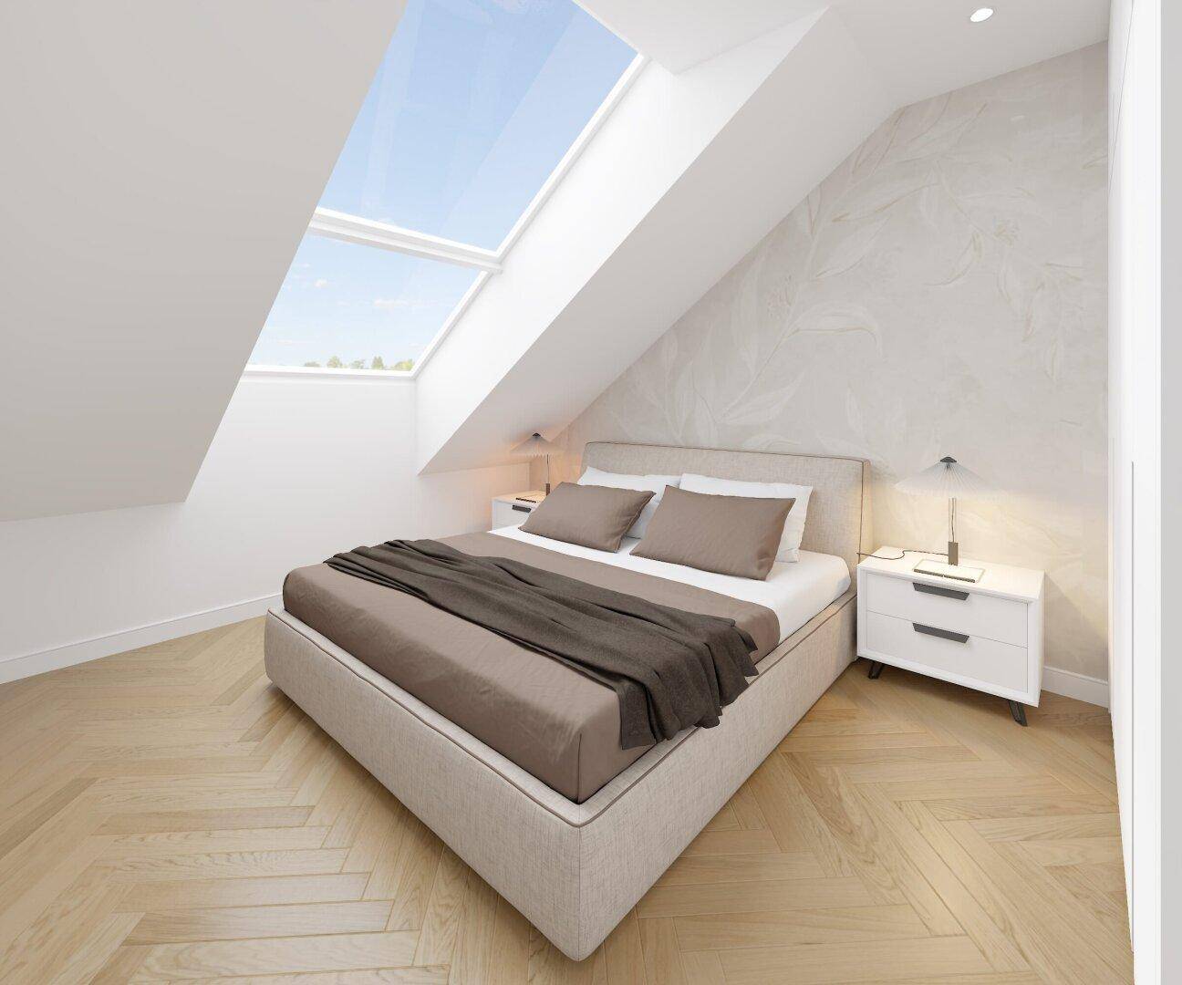 Modernes Schlafzimmer im Dachgeschoss mit großen Dachfenstern, hellem Holzfußboden und schrägen Wänden.
