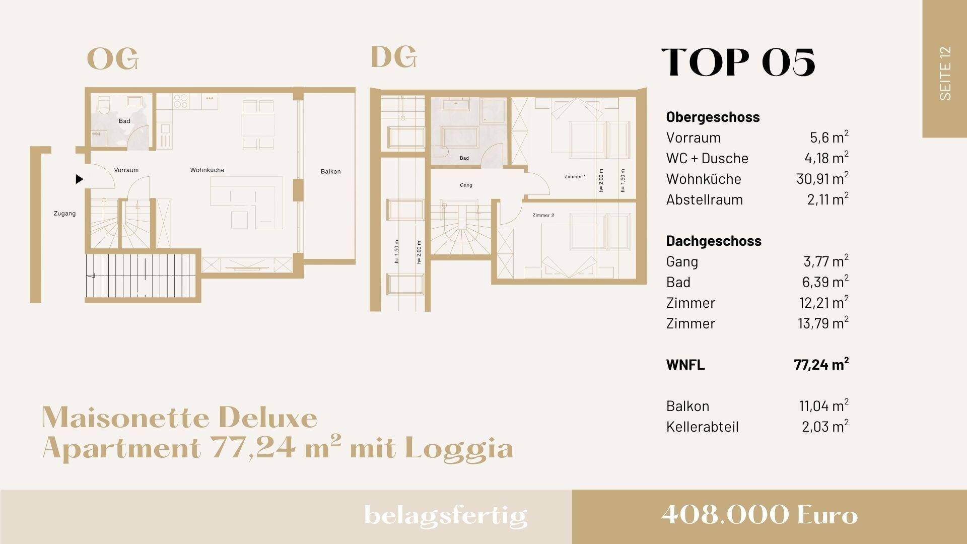 Grundriss einer Maisonette-Wohnung mit Ober- und Dachgeschoss, Balkon und Kellerabteil.