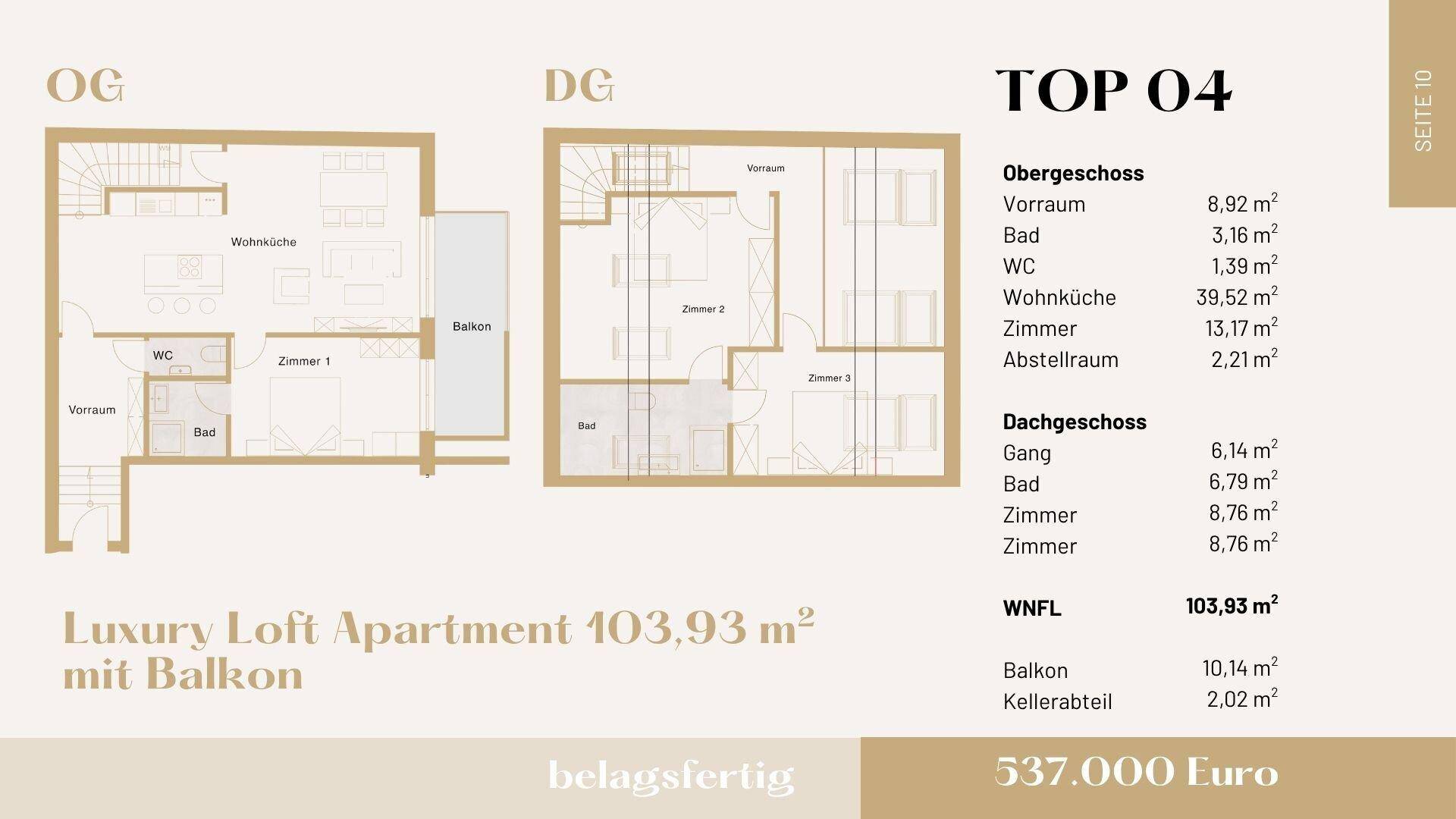 Grundriss für ein Luxus-Loft-Apartment mit Balkon und Kellerabteil.