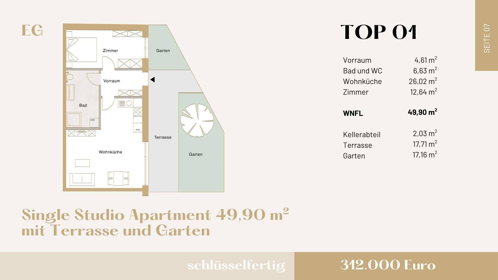 Grundriss eines Studio-Apartments mit Terrasse und Garten, inklusive Flächenangaben.