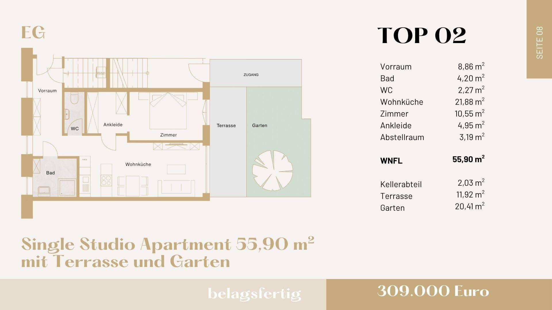 Grundriss eines Studio-Apartments mit Terrasse und Garten, inklusive Flächenangaben und Aufteilung.
