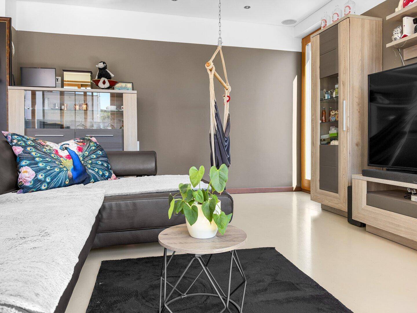 Gemütliches Wohnzimmer mit dunklem Sofa, Hängesessel und Pflanzenakzenten.
