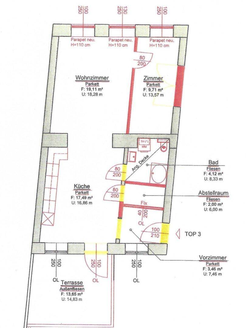 Grundriss der Wohnung zeigt Wohnzimmer, Küche, Schlafzimmer und eine Terrasse.