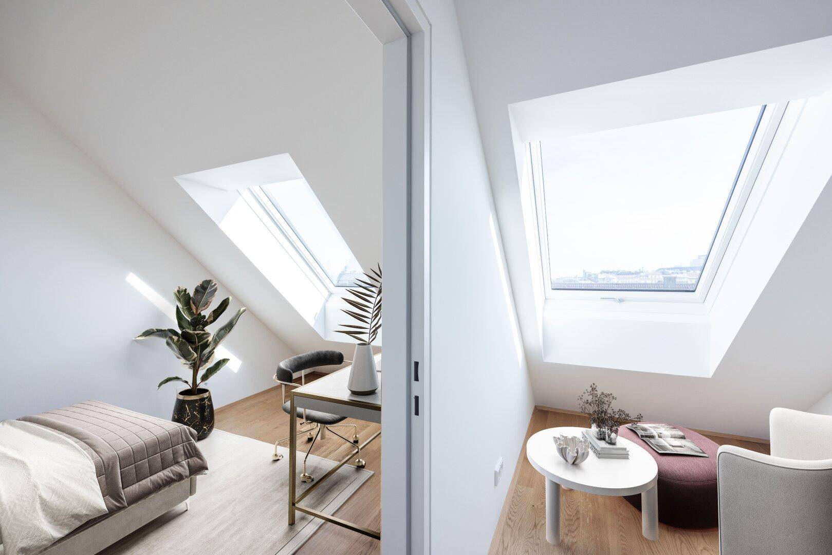 Virtuell inszenierte Dachgeschossräume mit Holzboden, Dachfenstern und moderner Einrichtung.
