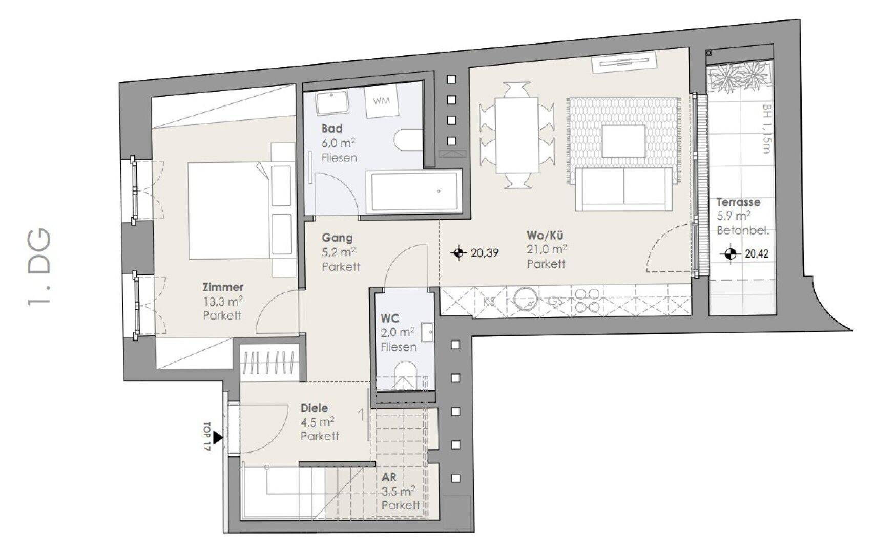 Grundriss des ersten Dachgeschosses mit Wohnküche, Schlafzimmer, Bad und Terrasse.