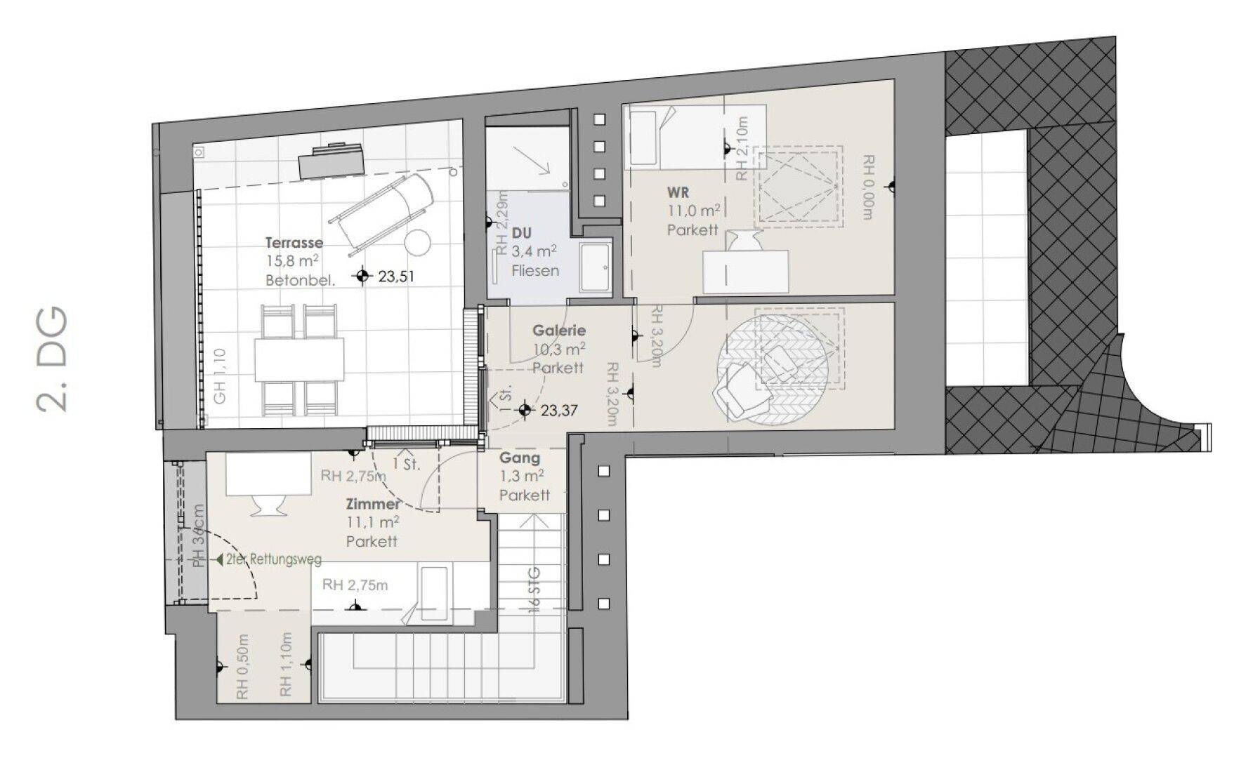 Grundriss des zweiten Dachgeschosses mit Galerie, Zimmer und großer Terrasse.