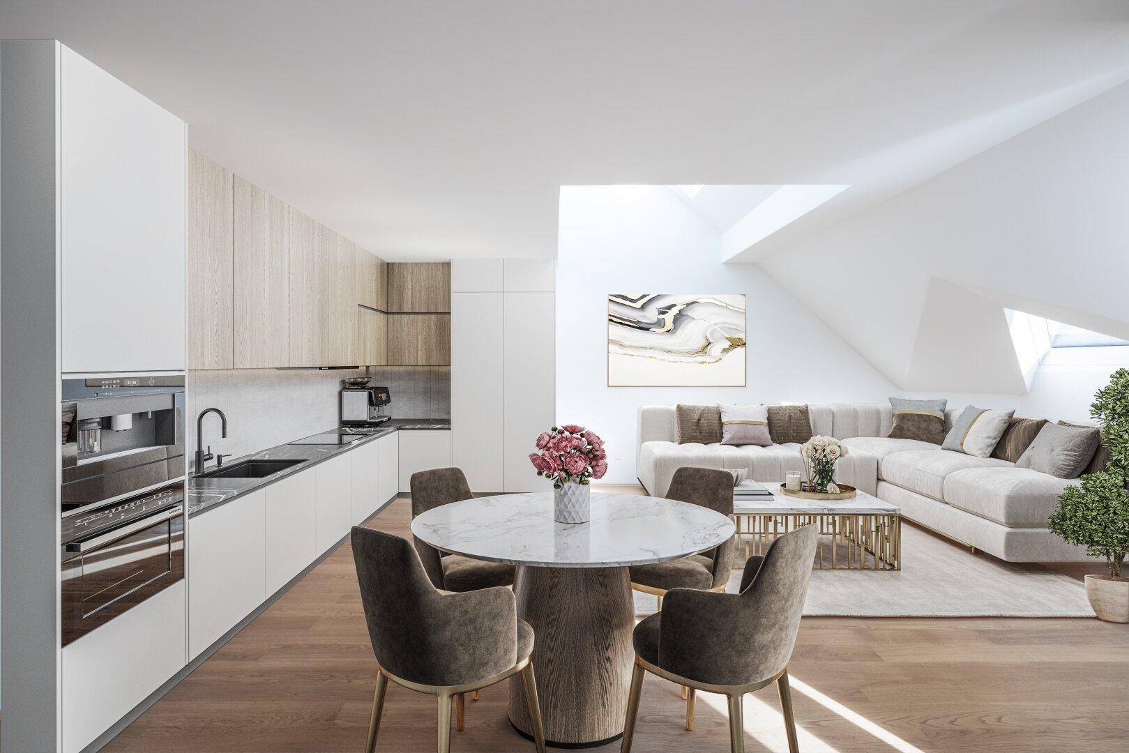 Modernes offenes Wohnzimmer mit integrierter Küche, Essbereich und Dachfenstern für viel Licht.