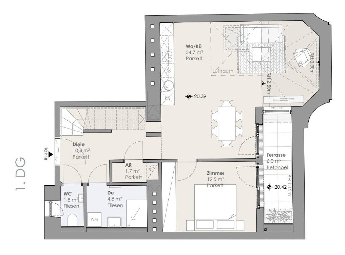 Grundriss des ersten Dachgeschosses mit offenem Wohnbereich, Küche, Zimmer und Terrasse.