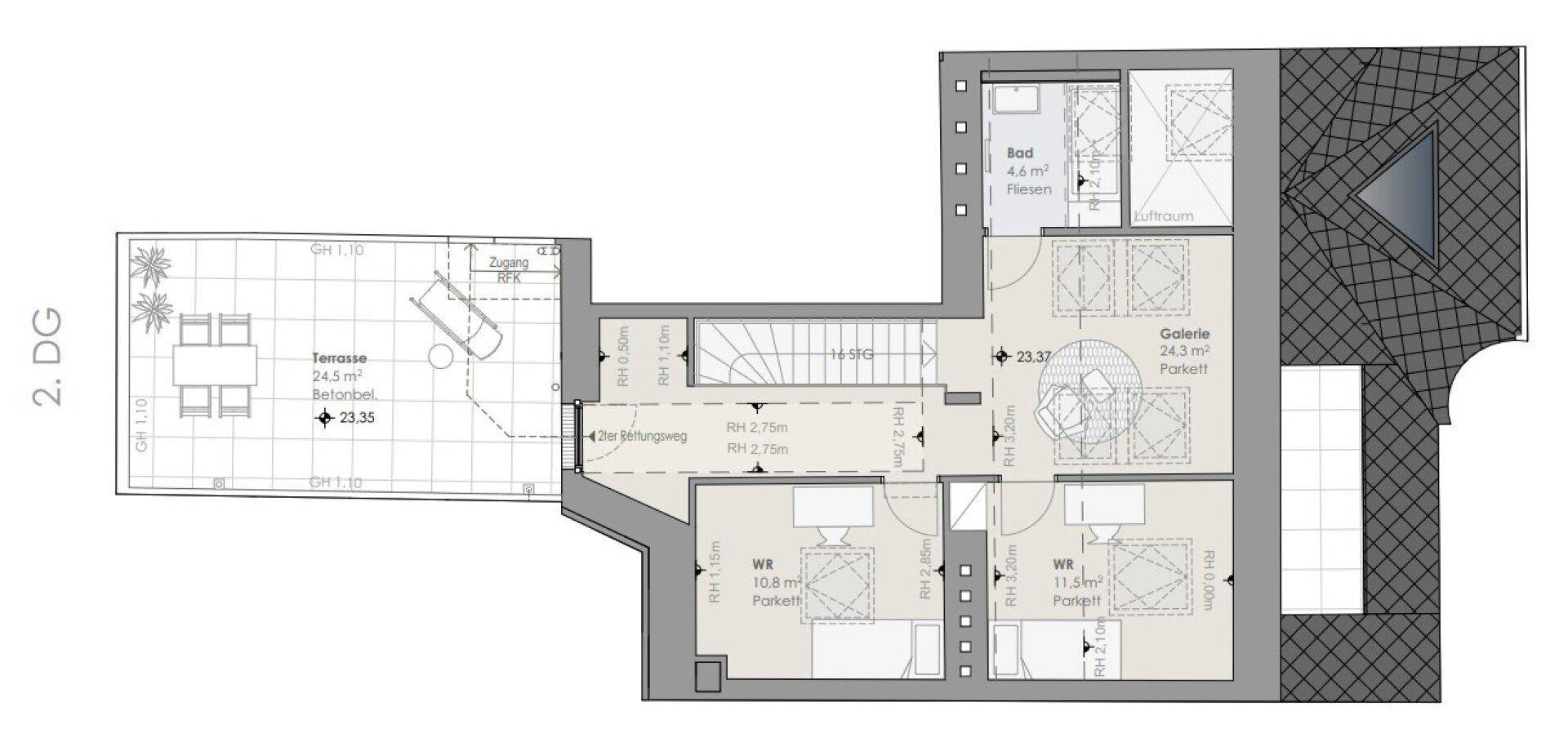 Grundriss des zweiten Dachgeschosses mit Galerie, Schlafzimmern, Bad und großer Dachterrasse.