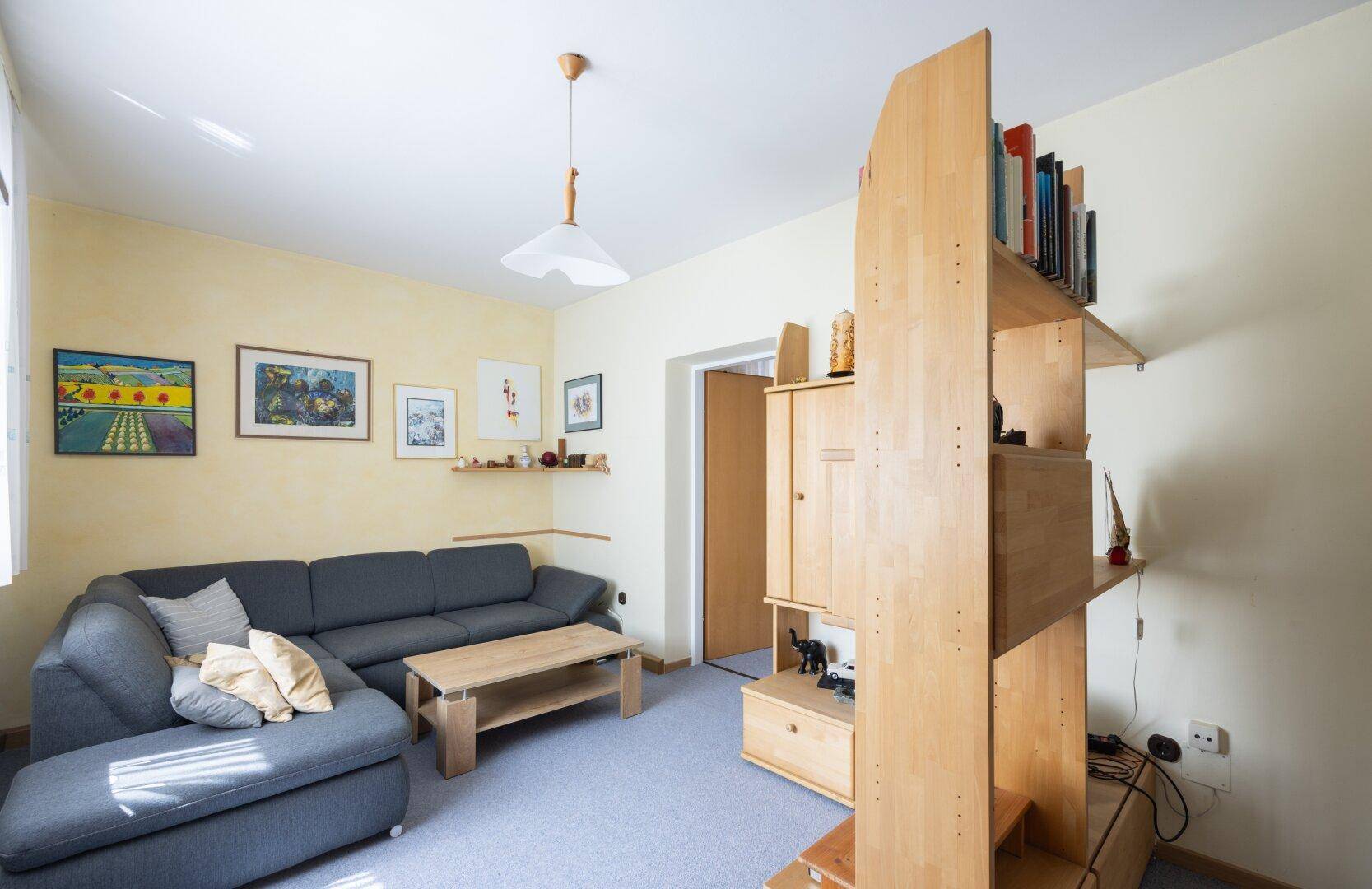 Gemütlicher Wohnraum mit Sofa, Holzregalen und hellem Teppichboden, vielseitig nutzbar.