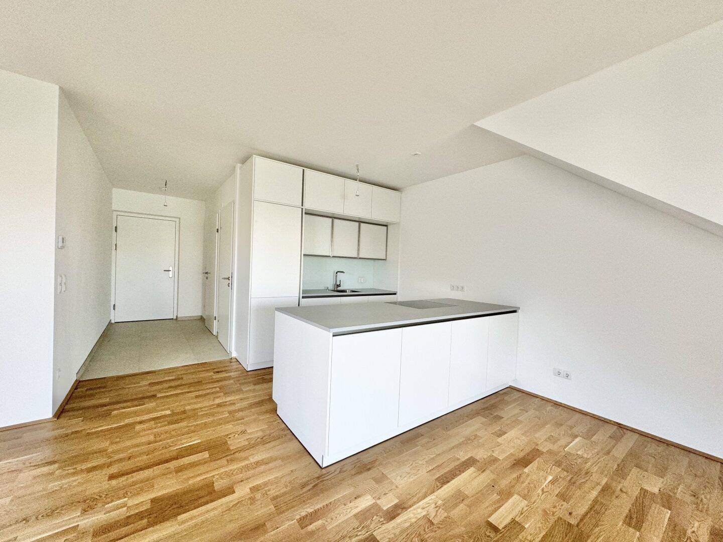 Moderne, offene Küche mit weißer Kücheninsel und Parkettboden, angrenzend an den Flur.