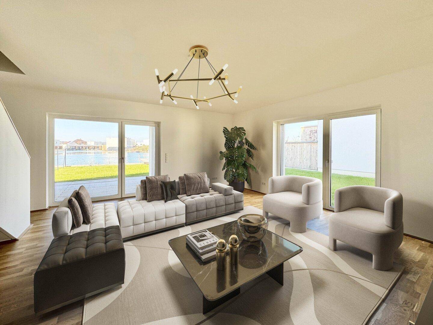 Virtuell inszeniertes Wohnzimmer mit modernem Mobiliar und Seeblick durch große Fenster.