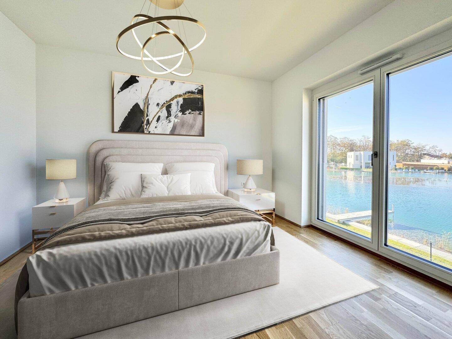 Virtuell möbliertes Schlafzimmer mit modernem Bett und direktem Seeblick durch große Fenster.
