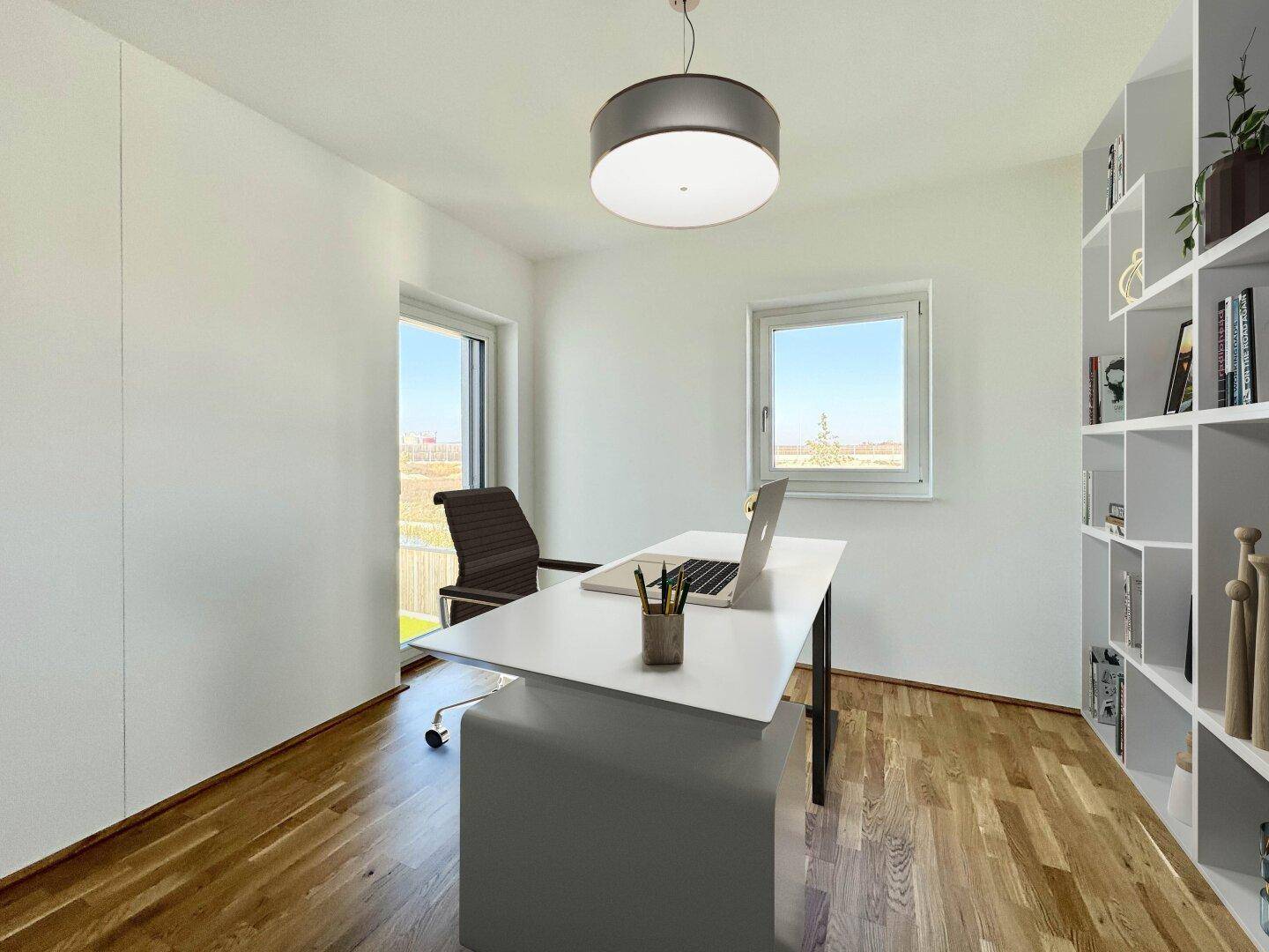 Virtuell eingerichtetes Büro mit Schreibtisch, Regal und Parkettboden.