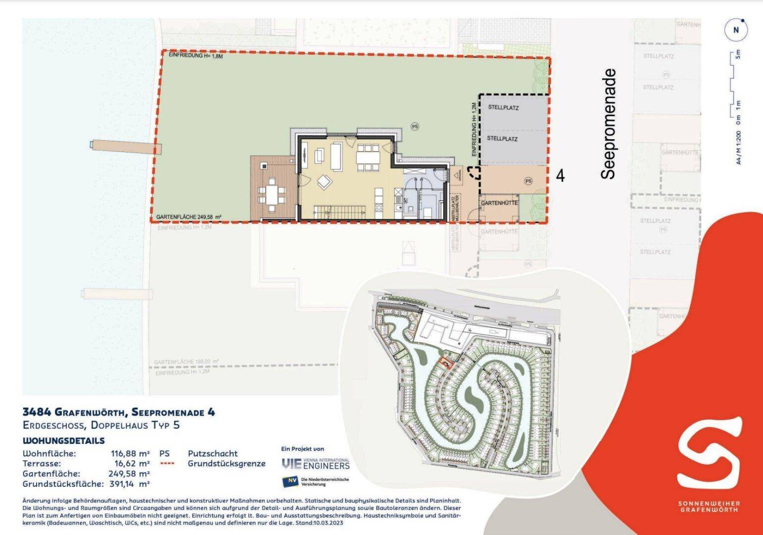 Grundriss des Erdgeschosses mit offenem Wohnbereich, Terrasse und großem Garten.