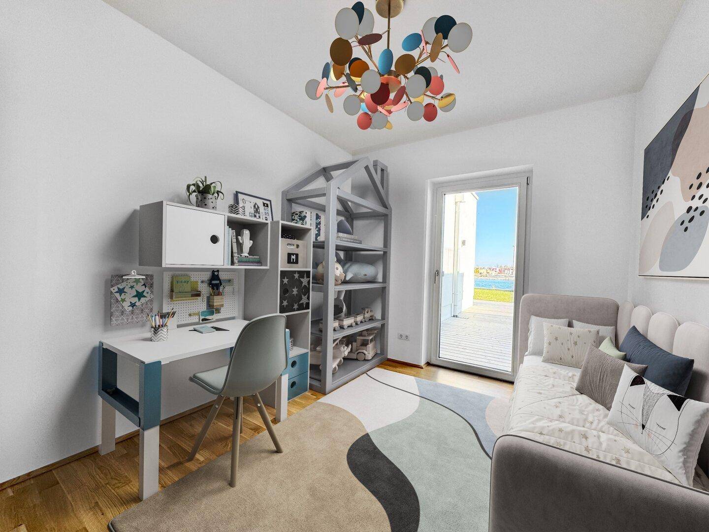 Modern eingerichtetes Kinderzimmer mit Schreibtisch, Sofa und Zugang zur Terrasse mit Seeblick.