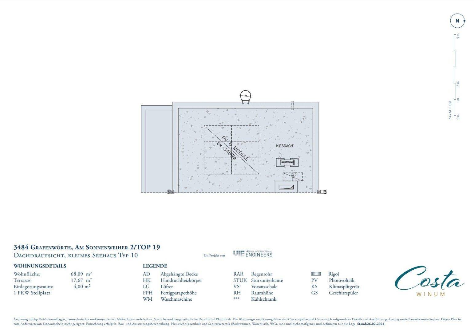 Dachaufsicht des Gebäudes mit eingezeichneten Photovoltaikmodulen, zeigt die mögliche Nutzung der Dachfläche.