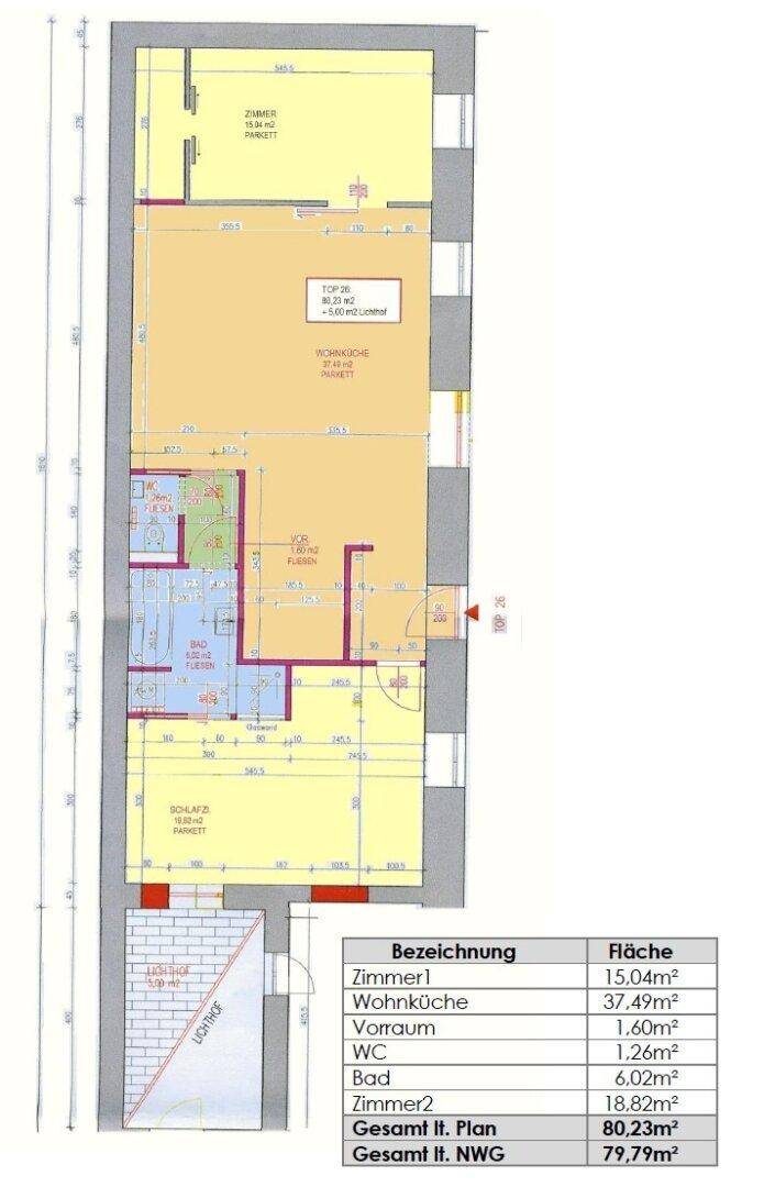 Grundriss der Wohnung mit Raumaufteilung und Flächenangaben in Quadratmetern.