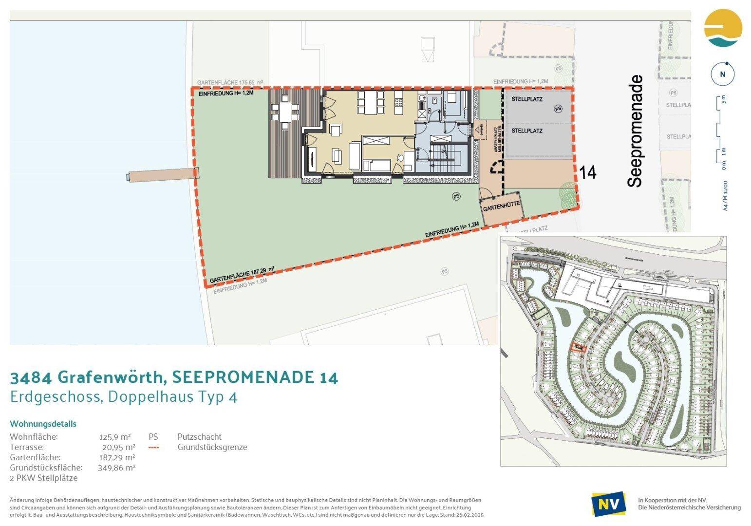 Gesamtübersicht des Grundstücks mit Doppelhaus und Seepromenade.