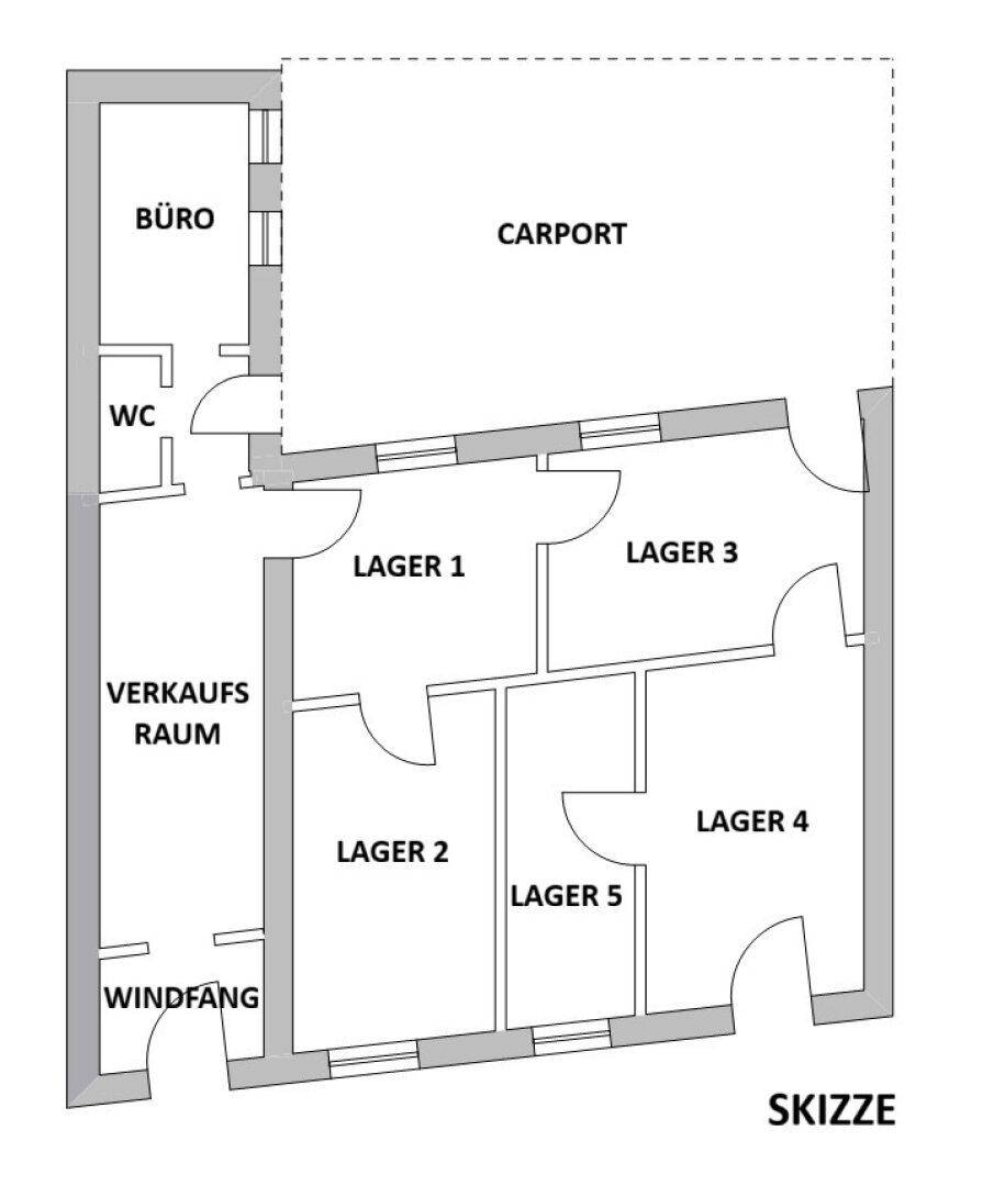 Grundrissplan zeigt die Aufteilung in Büro, WC, Verkaufsraum, mehrere Lagerräume und einen Carport.