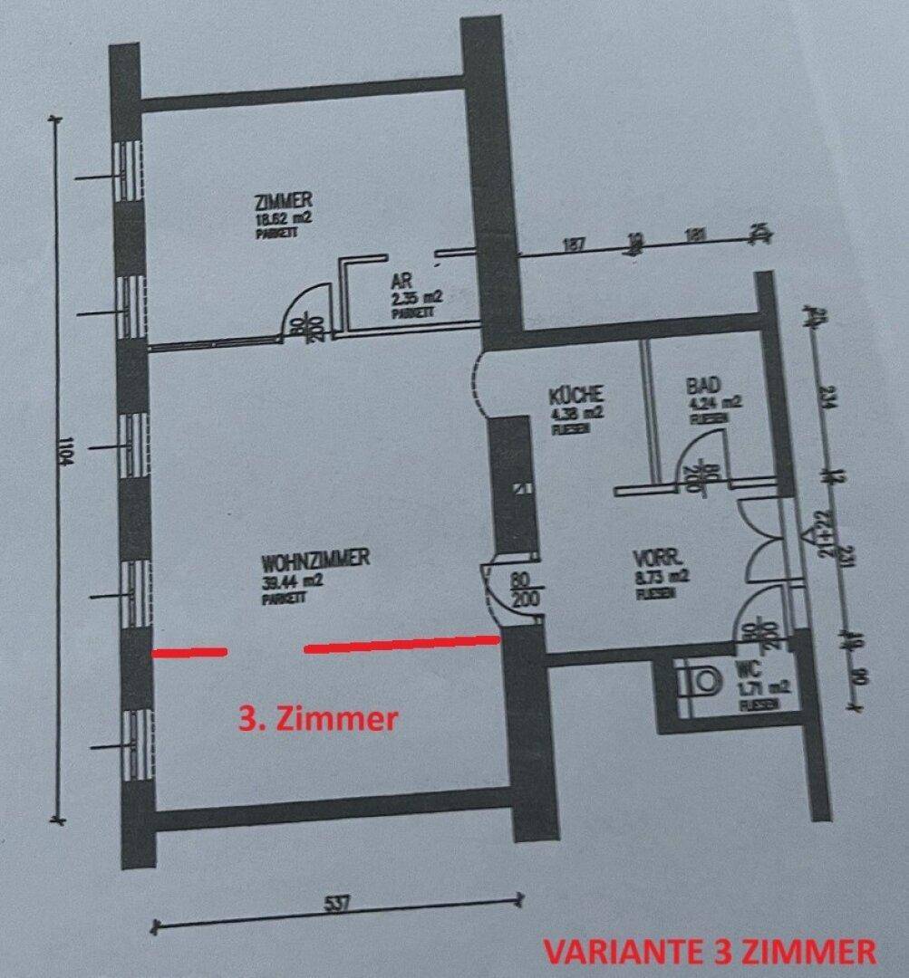 Grundrissvariante des 3. Stocks mit drei Zimmern, Küche, Bad und WC, inklusive Flächenangaben.