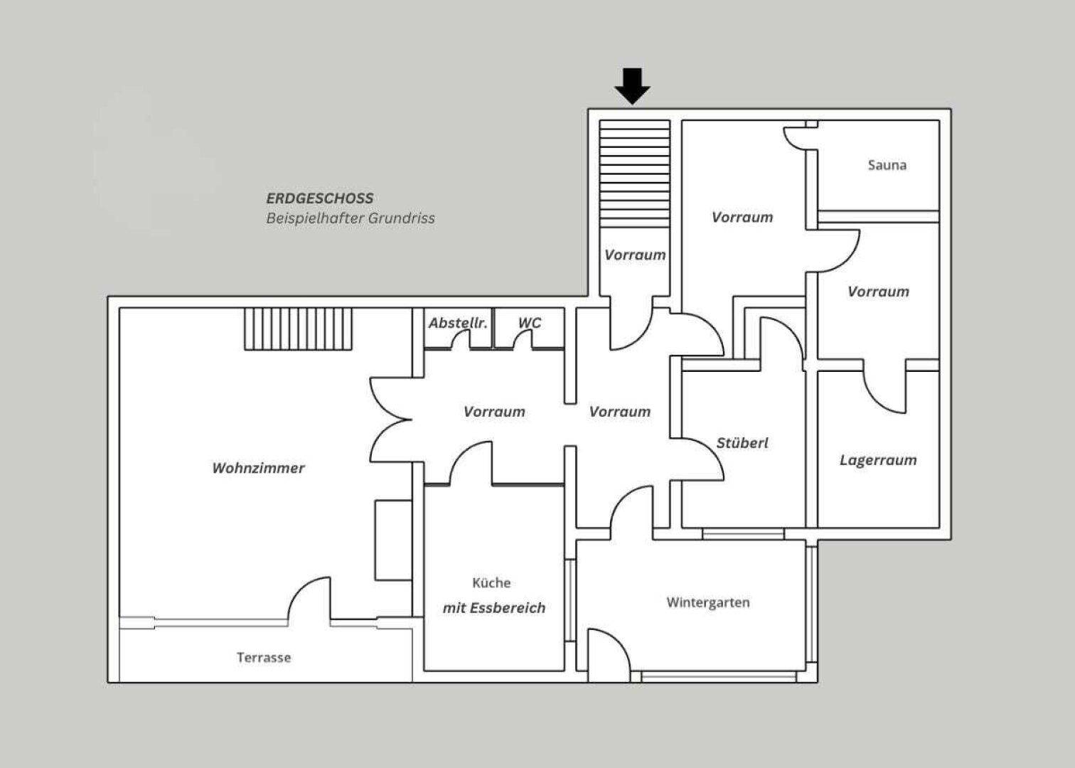 Grundriss des Erdgeschosses mit Wohnzimmer, Küche mit Essbereich, Wintergarten und Sauna.
