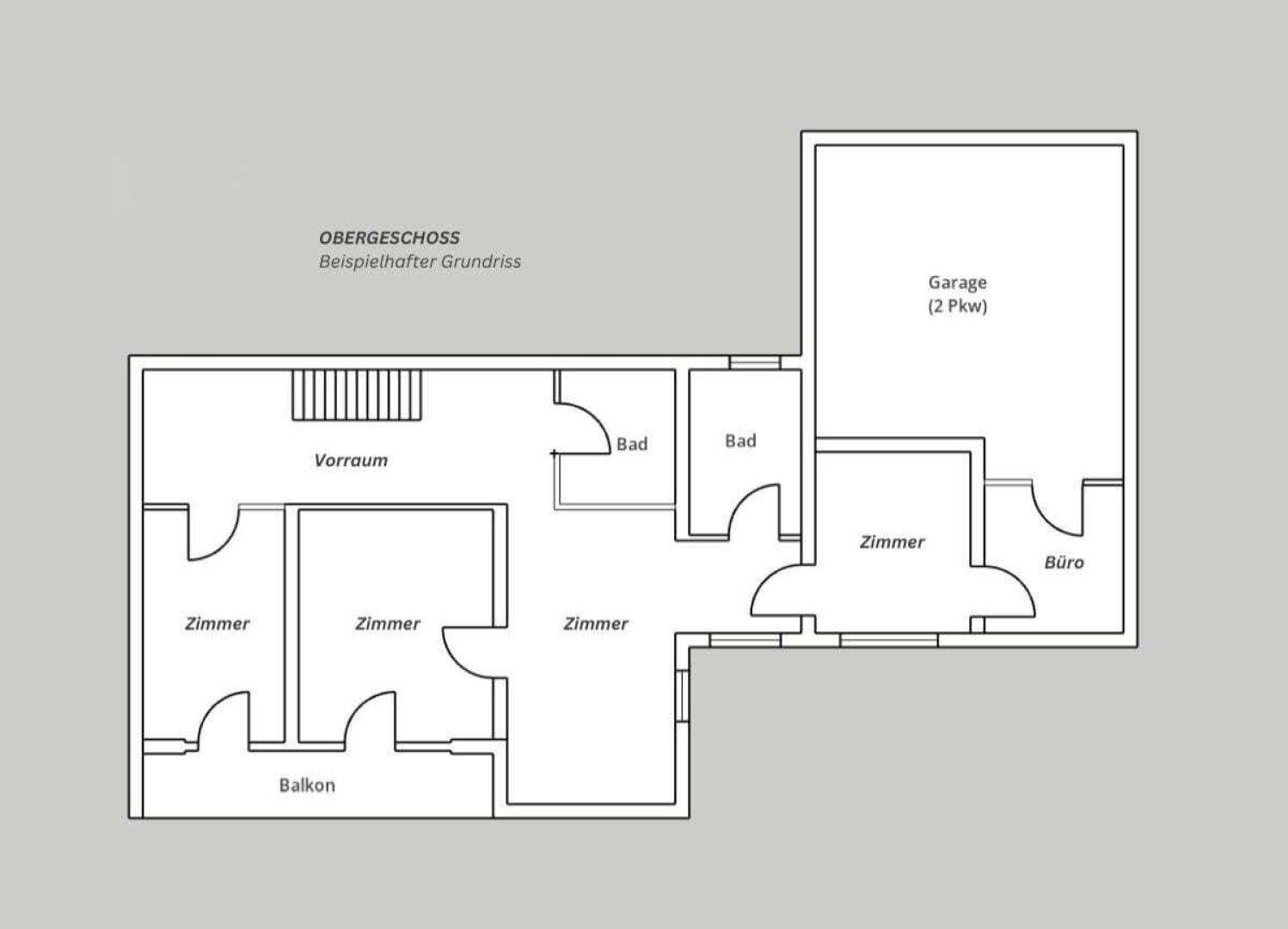 Grundriss des Obergeschosses mit mehreren Zimmern, Bädern, Büro und einer Doppelgarage.