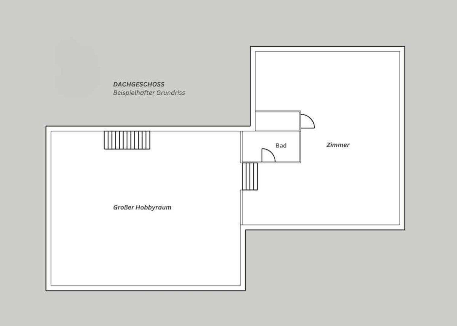 Grundriss des Dachgeschosses mit großem Hobbyraum, einem Zimmer und einem Bad.