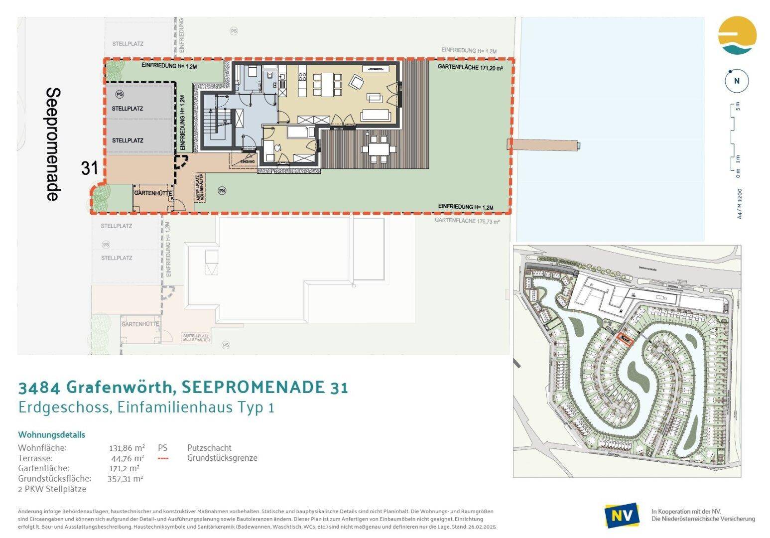 Grundriss des Erdgeschosses eines Einfamilienhauses mit offenem Wohnbereich, Terrasse und Stellplätzen.