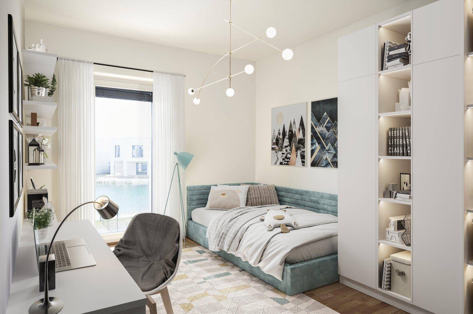 Modern eingerichtetes Schlafzimmer mit Schreibtisch, Bett und Einbauschrank, hell und freundlich.