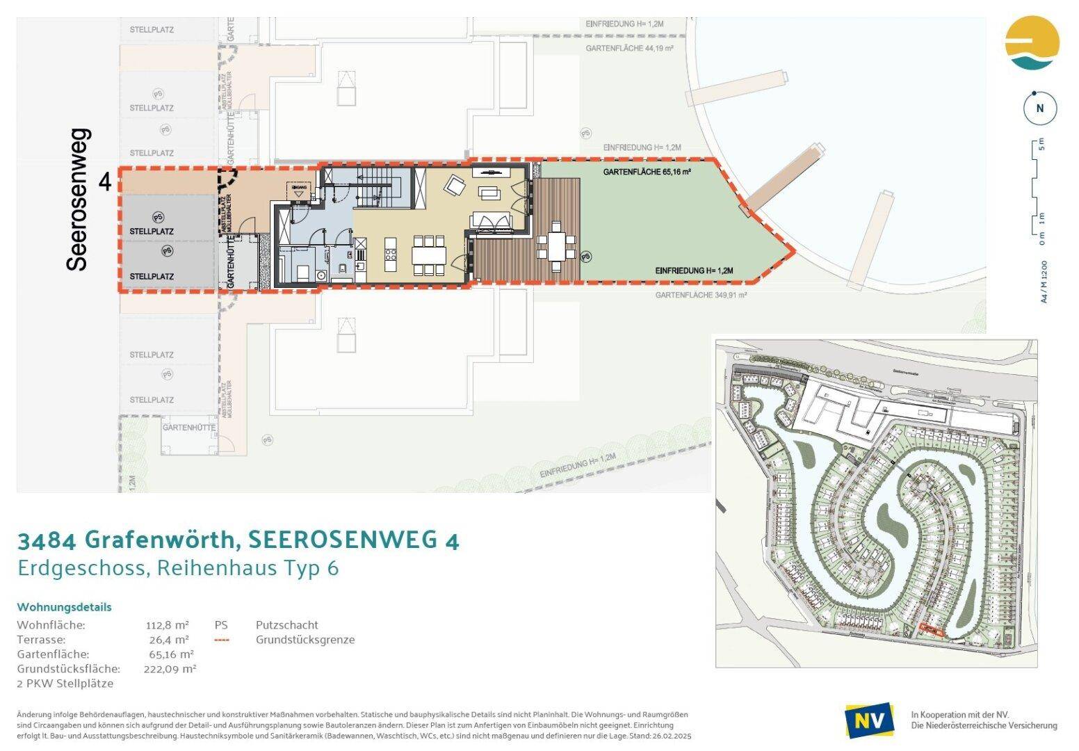 Gesamtübersicht des Reihenhauses Typ 6 mit Erdgeschoss-Grundriss und Lageplan der Siedlung am Wasser.