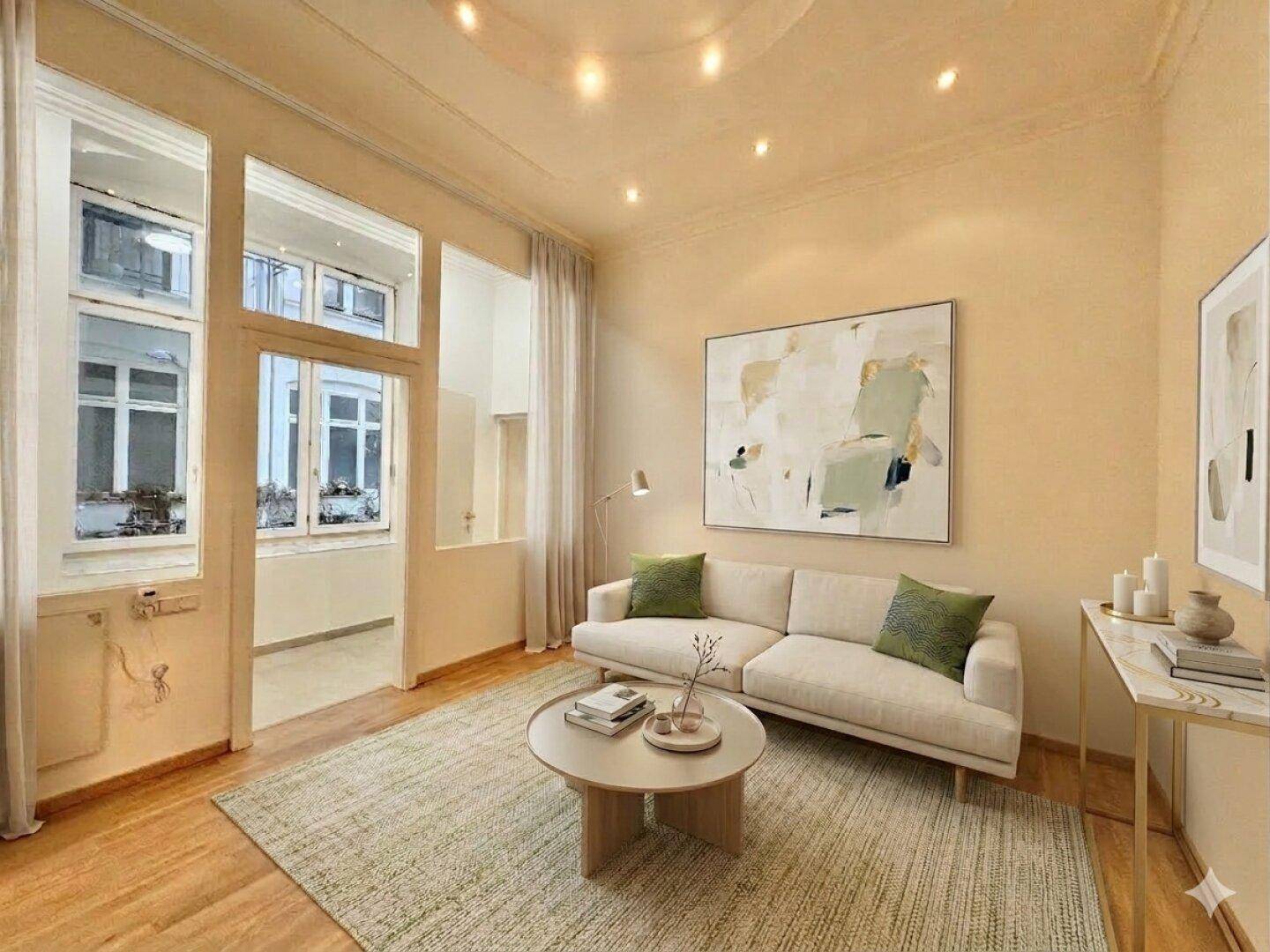Virtuell inszeniertes Wohnzimmer mit Parkettboden, Stuckdecke und modernen Möbeln.