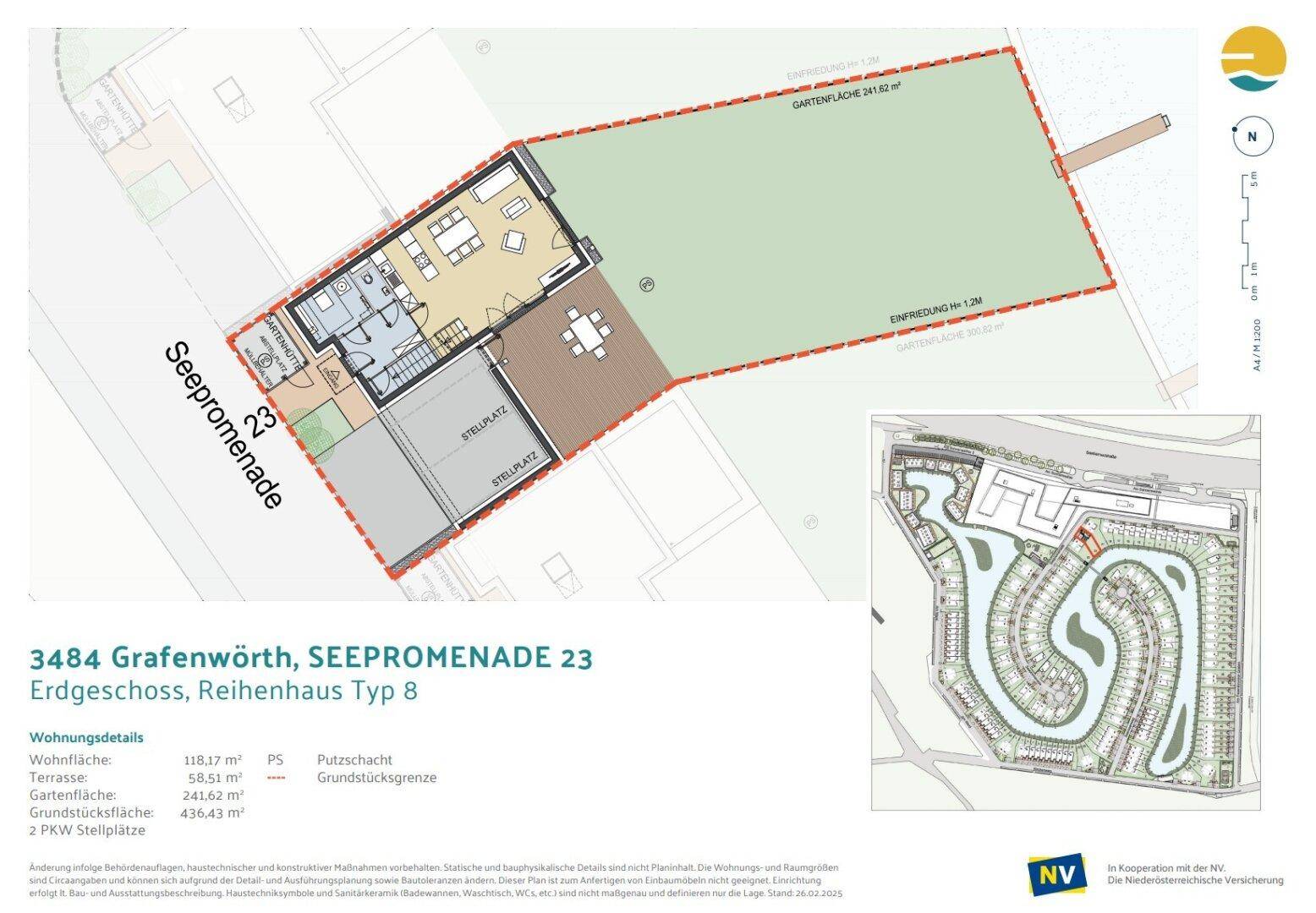 Grundriss des Erdgeschosses eines Reihenhauses mit offenem Wohnbereich, Terrasse und Garten.
