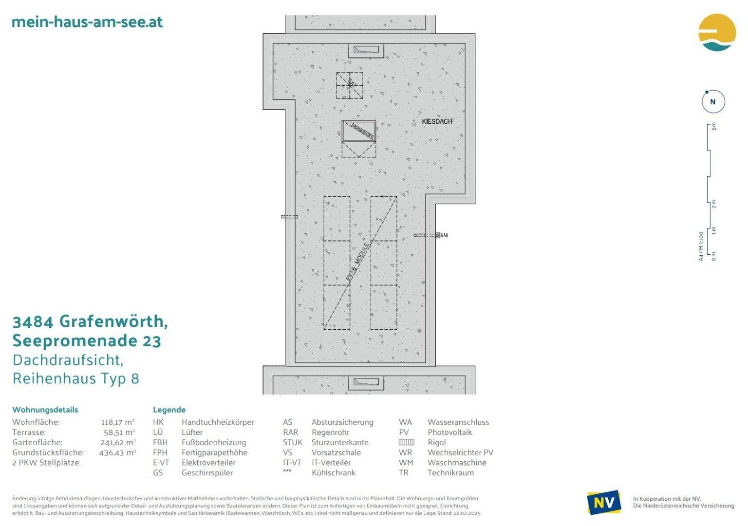 Dachaufsicht des Reihenhauses mit Flachdach und vorgesehenen Photovoltaik-Modulen.