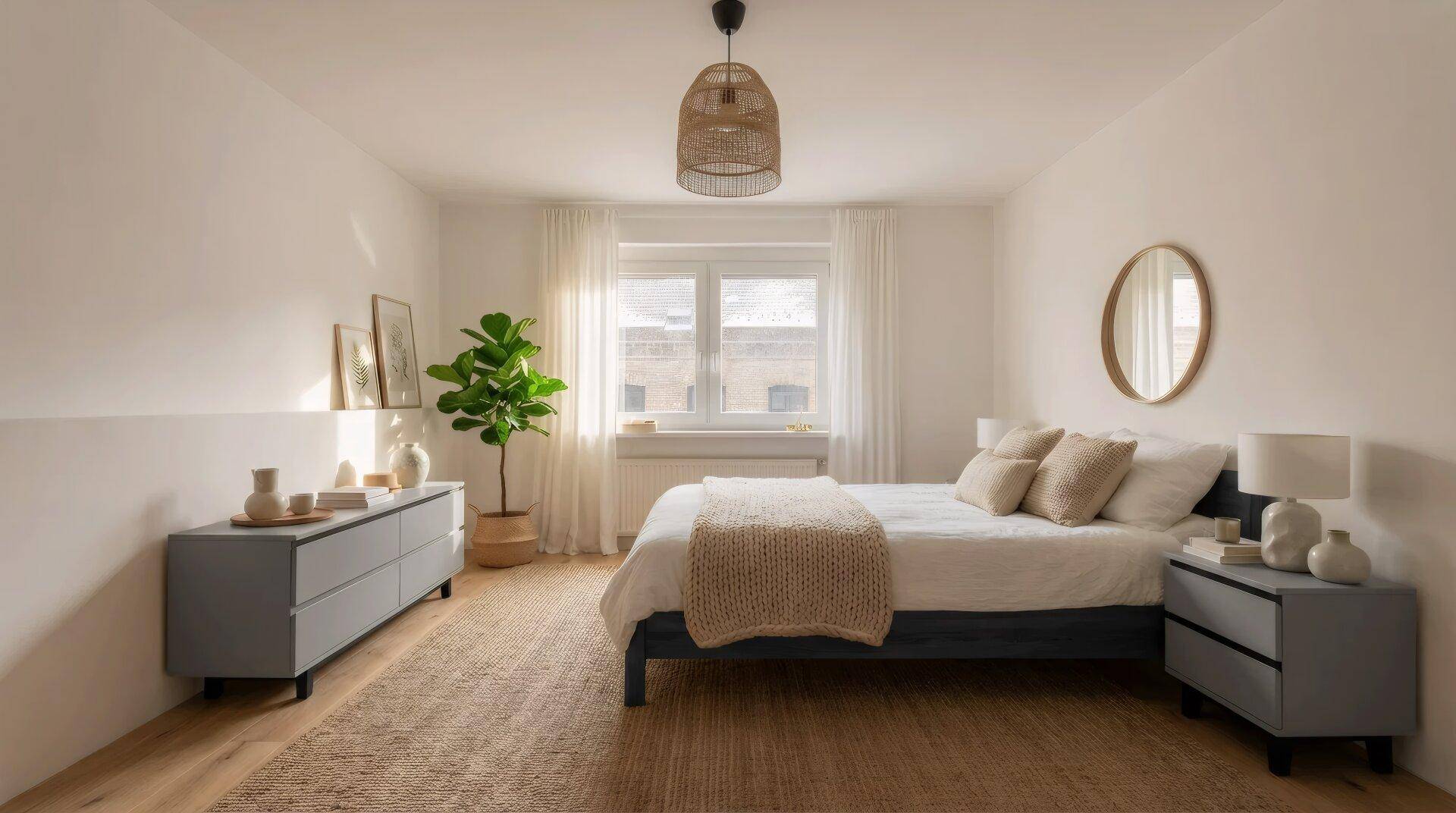 Gemütliches Schlafzimmer mit Holzboden, großem Fenster und moderner Einrichtung.