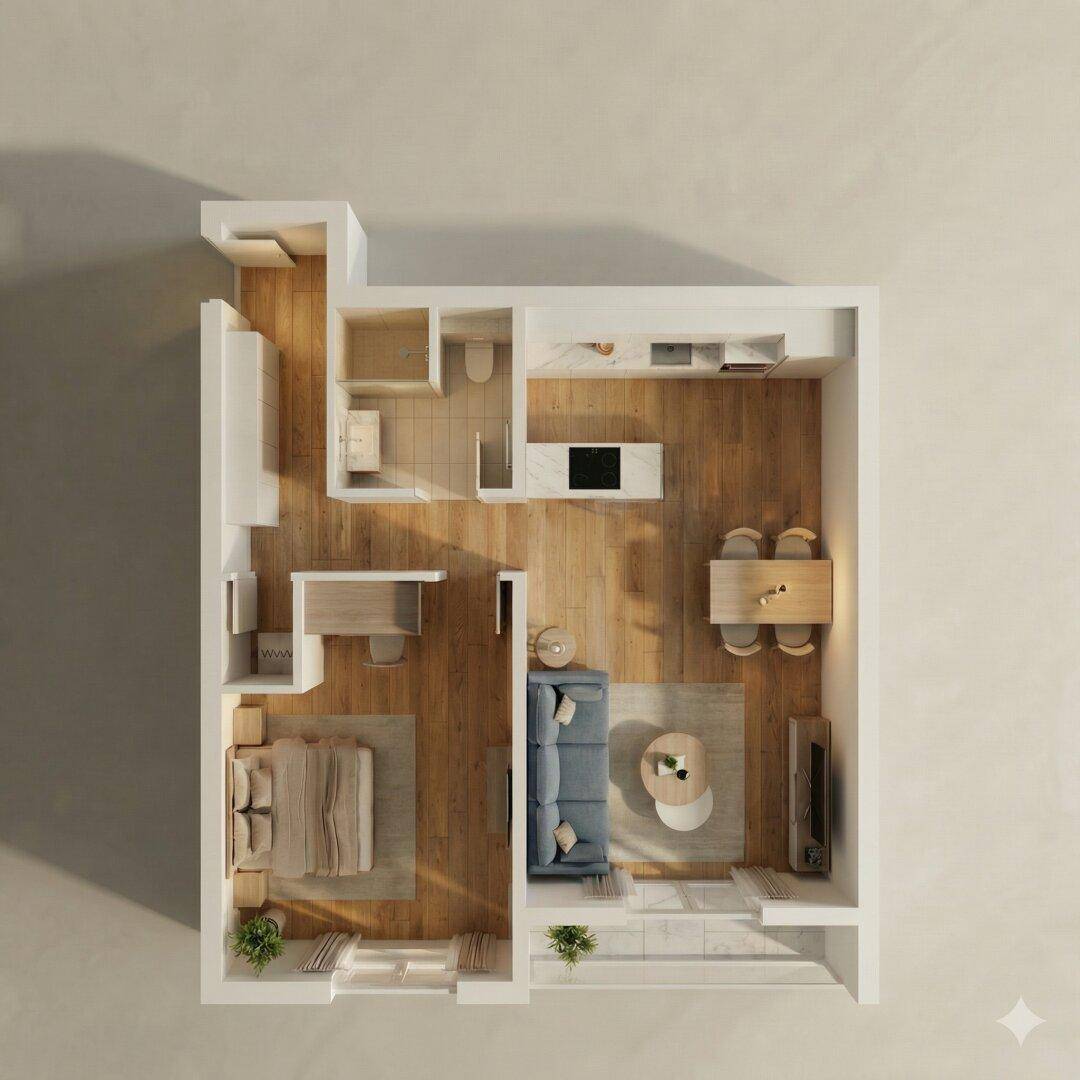 Möblierter Grundriss einer Wohnung mit offenem Wohnbereich und einem Schlafzimmer.