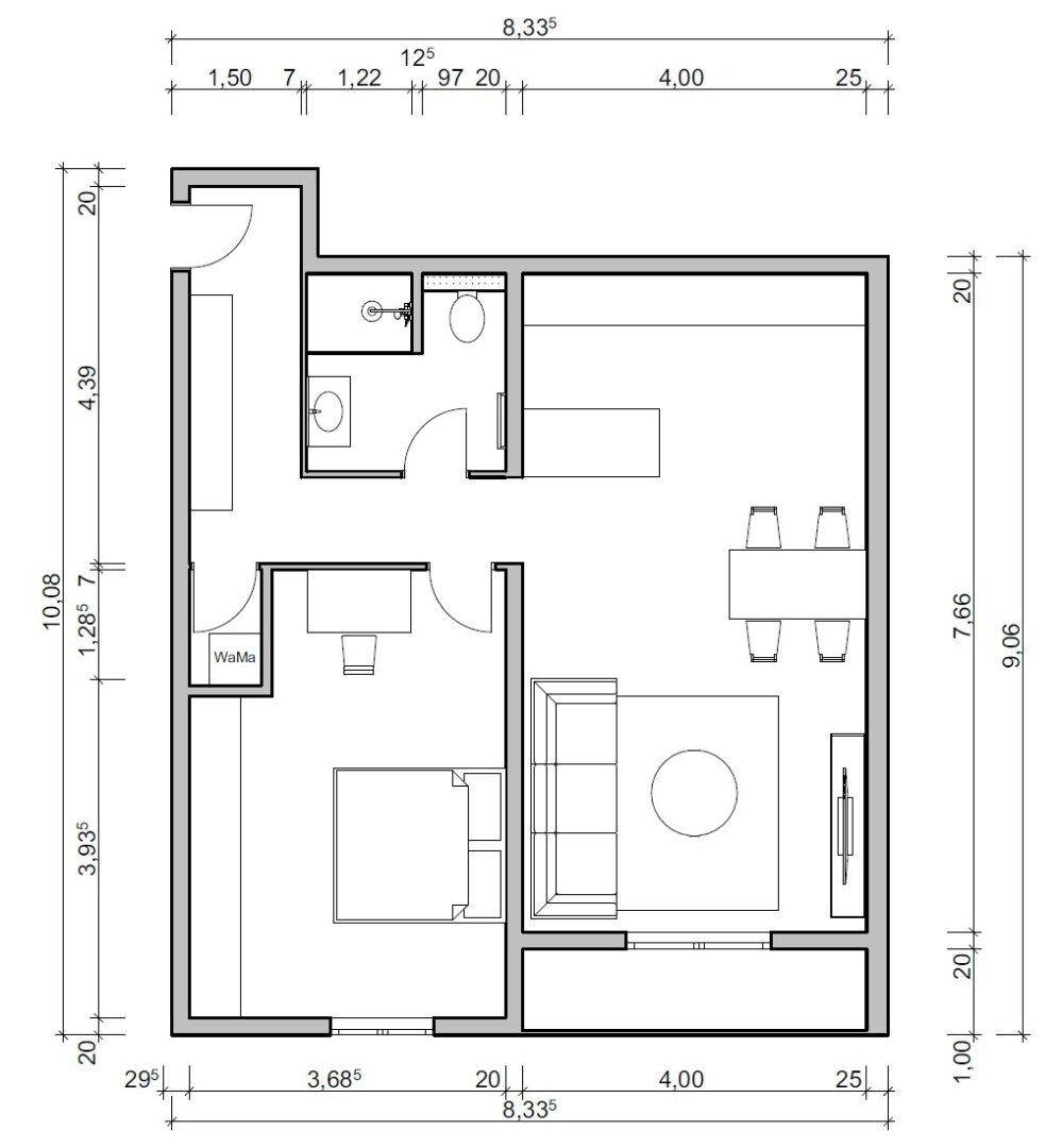 Detaillierter Grundriss einer Wohnung mit Maßen und Raumaufteilung.