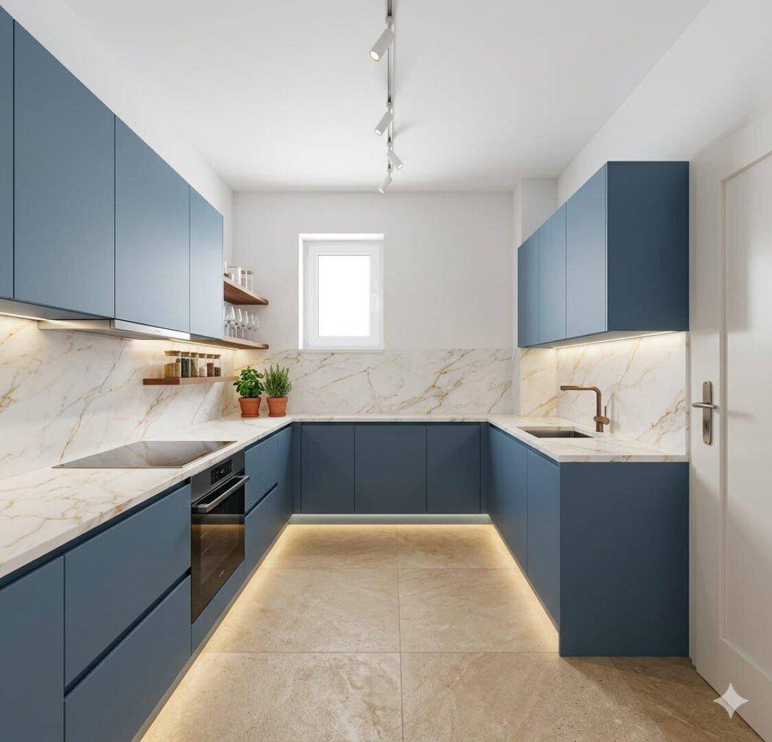 Moderne Küche mit blauen Schränken, Marmor-Arbeitsplatten und integrierten Geräten, hell beleuchtet.