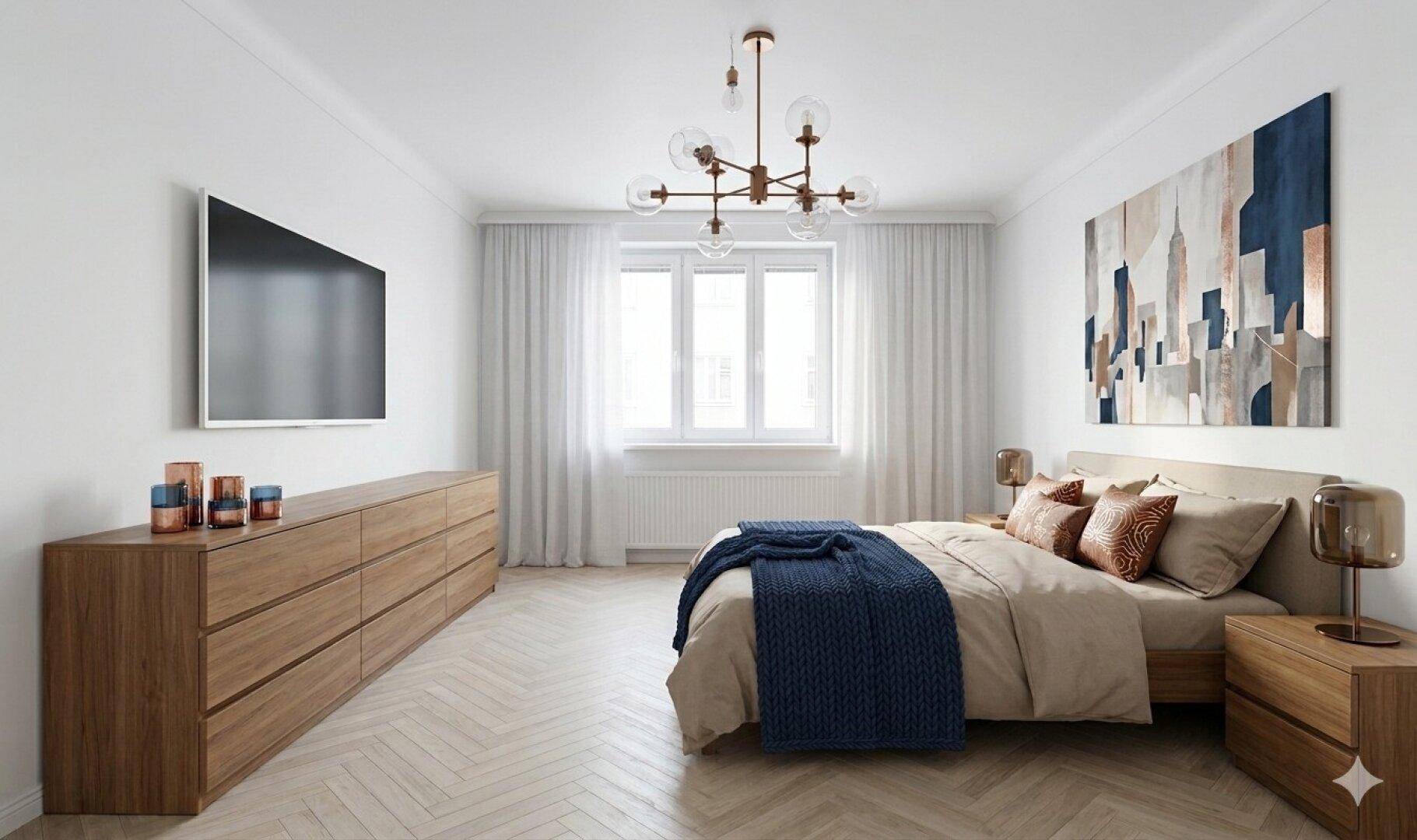 Helles, modern eingerichtetes Schlafzimmer mit Parkettboden, großem Fenster und stilvoller Dekoration.